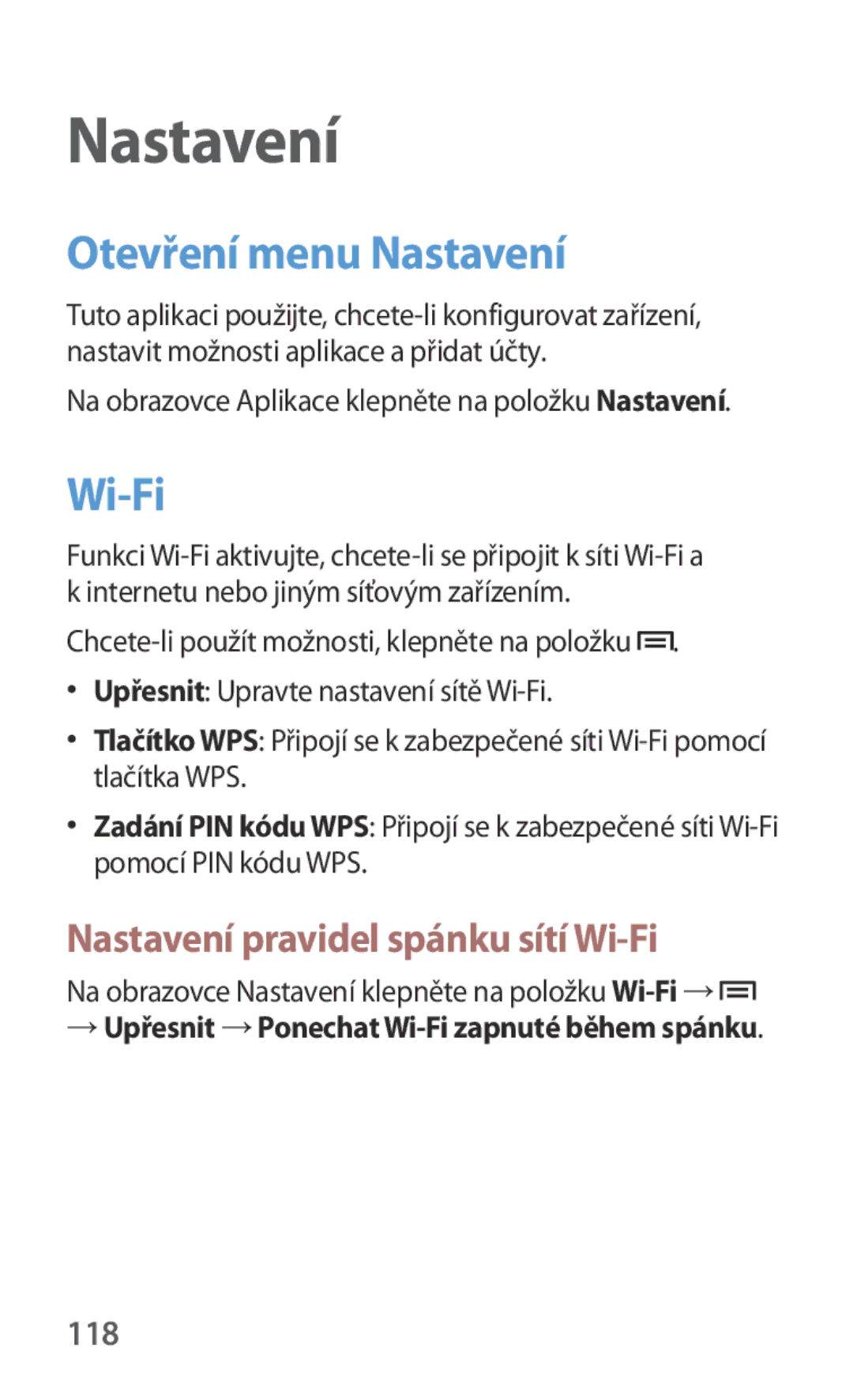 Samsung GT2I8262MBAETL, GT-I8262CWAVVT manual Otevření menu Nastavení, Nastavení pravidel spánku sítí Wi-Fi, 118 