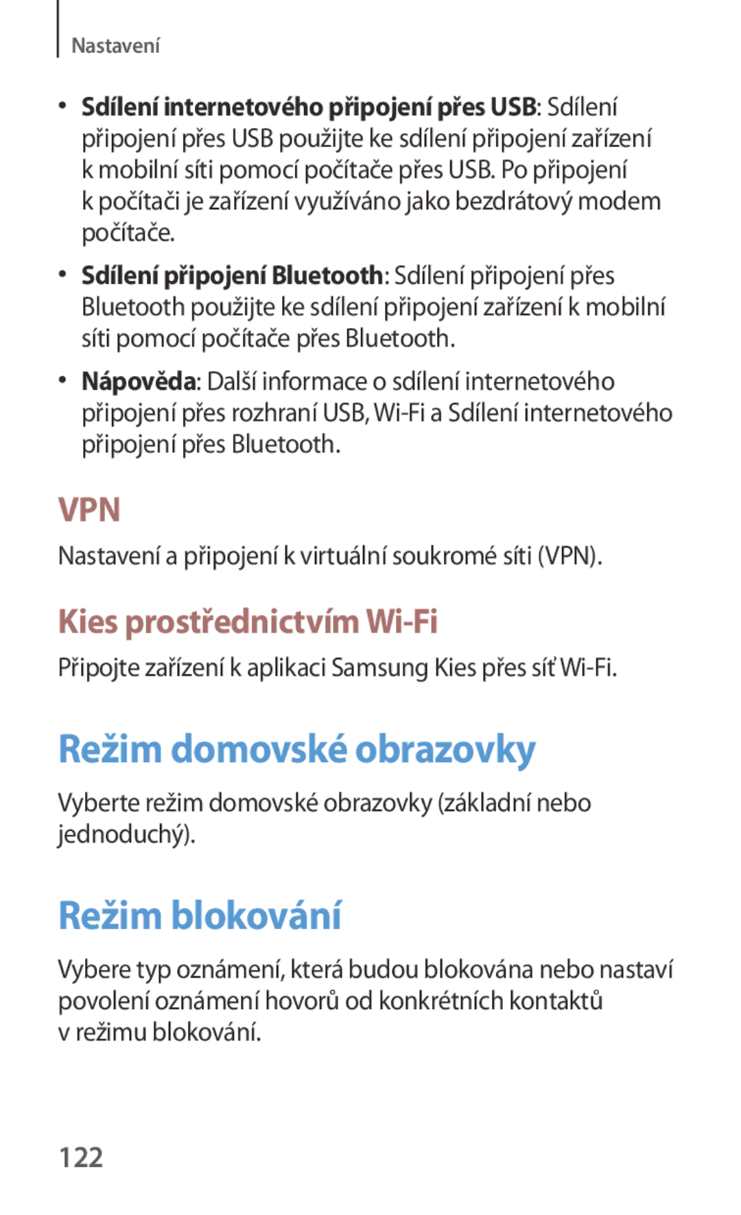 Samsung GT-I8262MBAVVT, GT-I8262CWAVVT manual Režim domovské obrazovky, Režim blokování, Kies prostřednictvím Wi-Fi, 122 