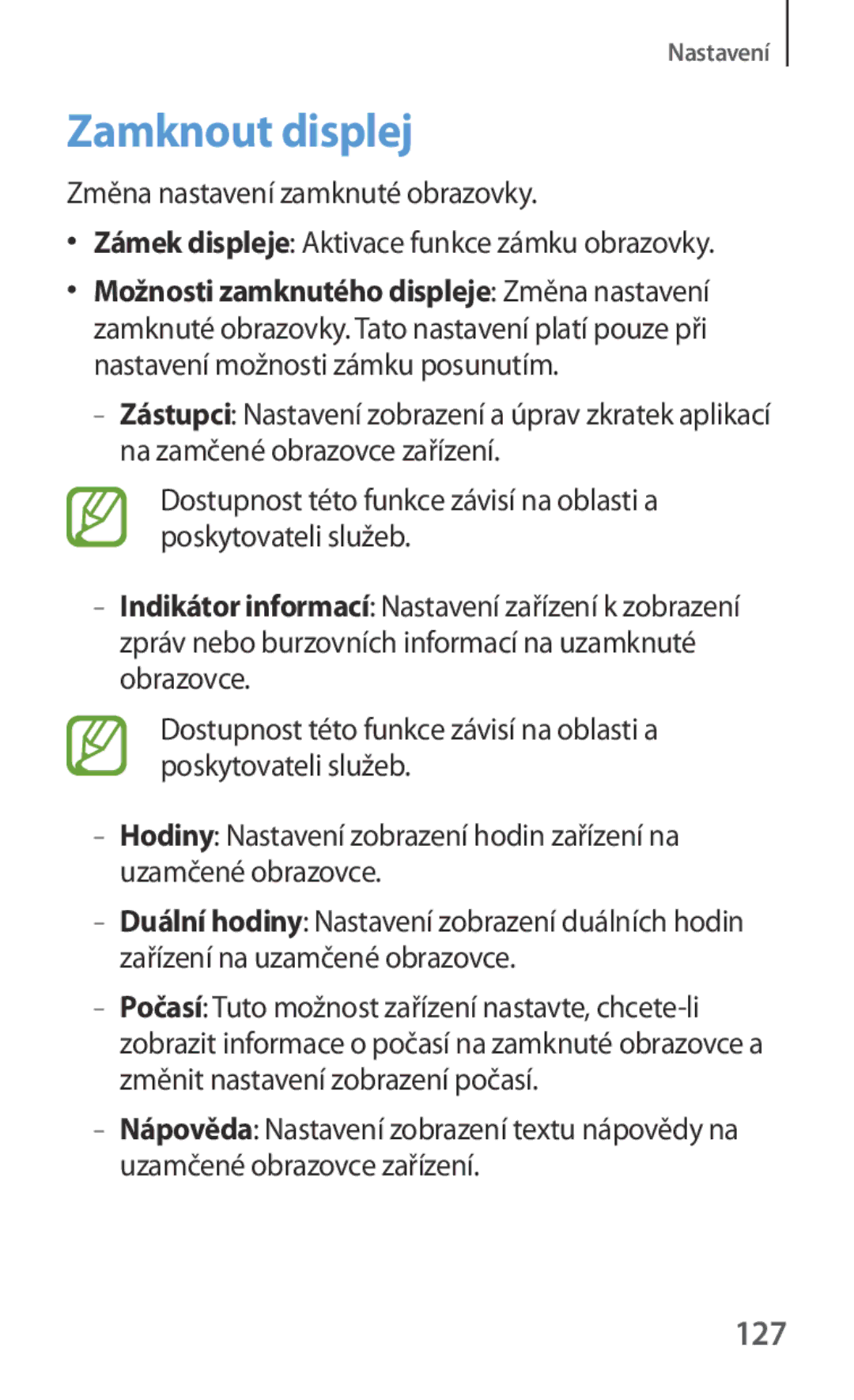 Samsung GT-I8262MBAORX, GT-I8262CWAVVT, GT-I8262MBAMTL manual Zamknout displej, 127, Změna nastavení zamknuté obrazovky 