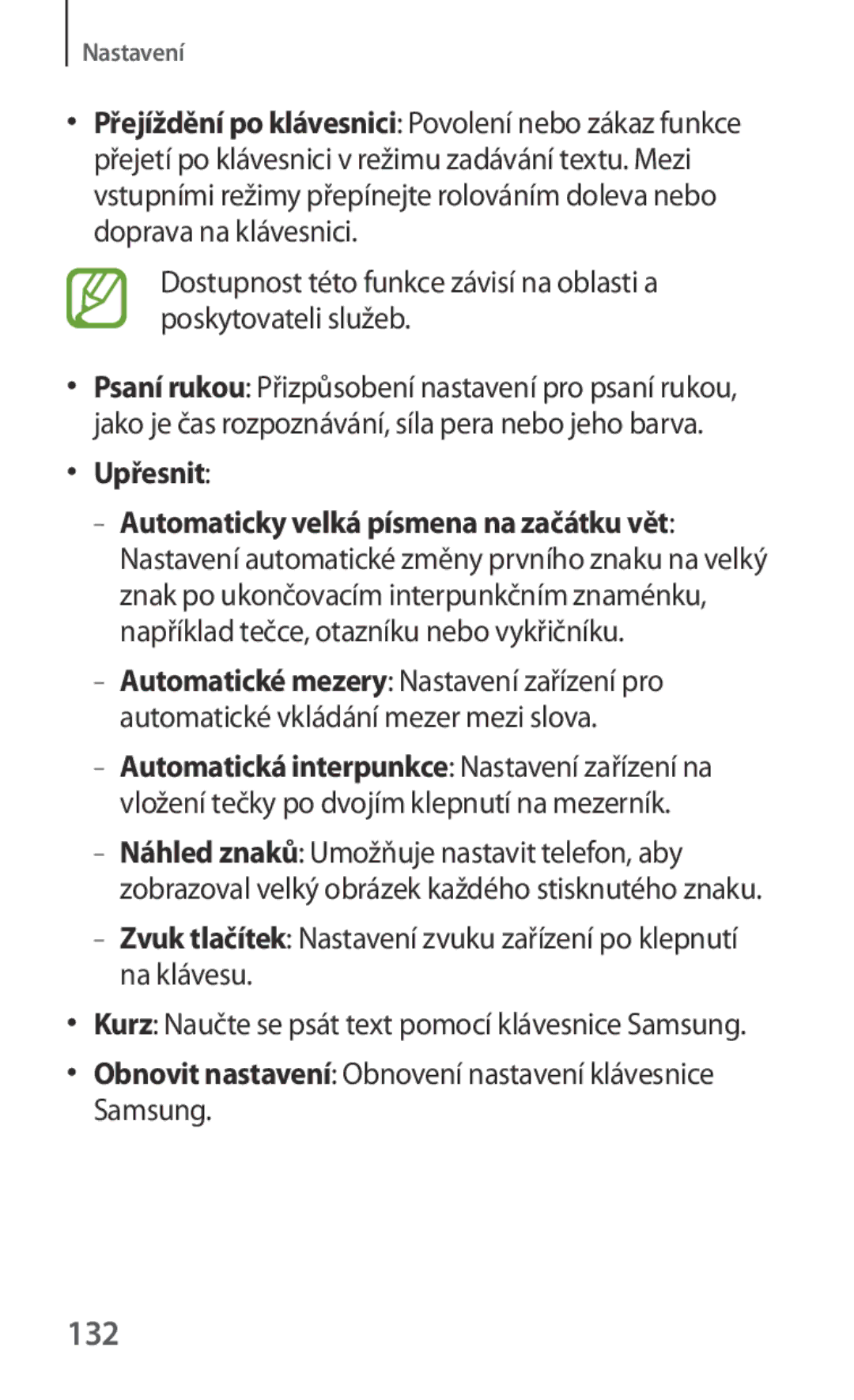 Samsung GT-I8262MBAVVT, GT-I8262CWAVVT manual 132, Upřesnit, Obnovit nastavení Obnovení nastavení klávesnice Samsung 