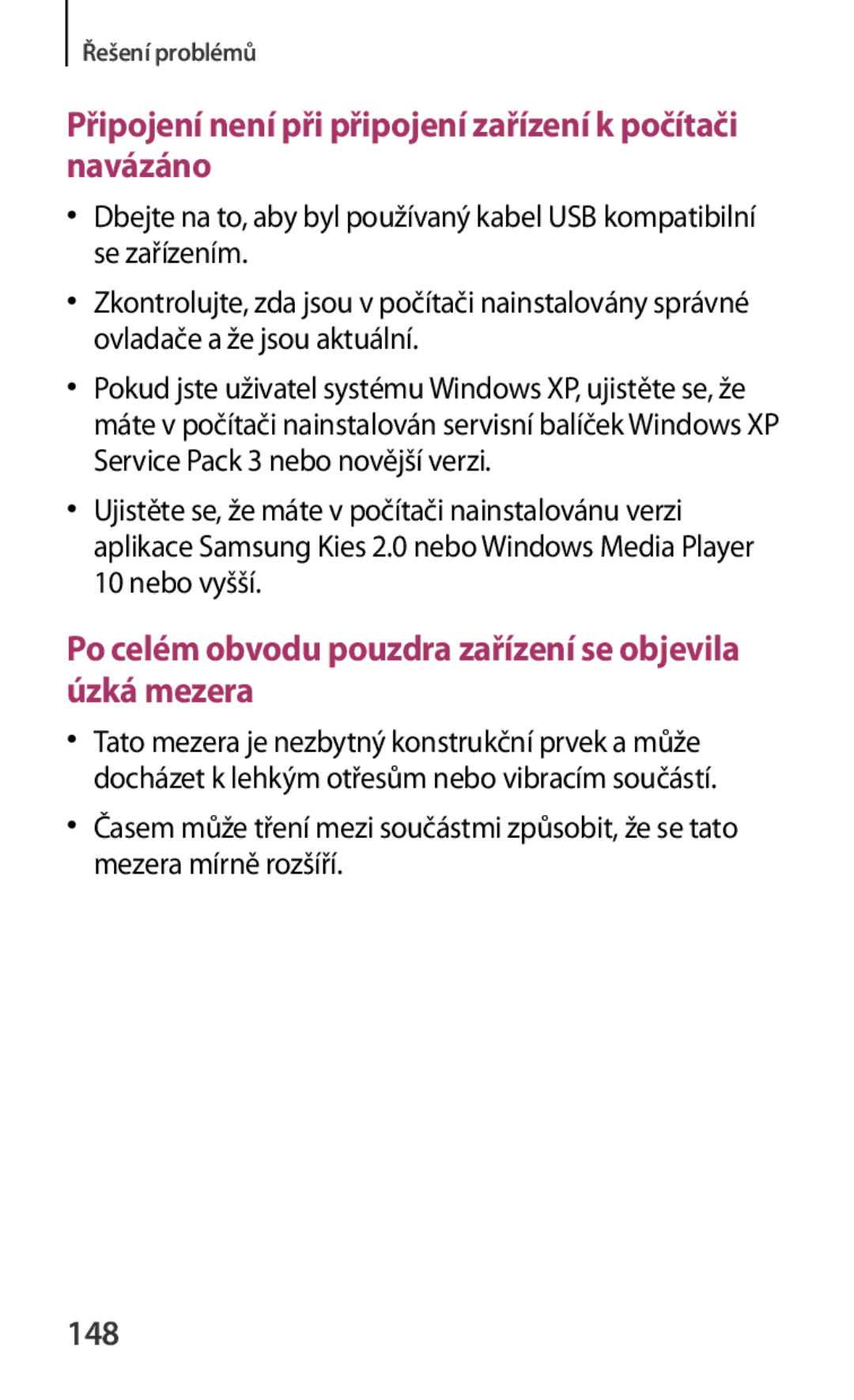 Samsung GT2I8262MBAETL, GT-I8262CWAVVT, GT-I8262MBAMTL manual Připojení není při připojení zařízení k počítači navázáno, 148 