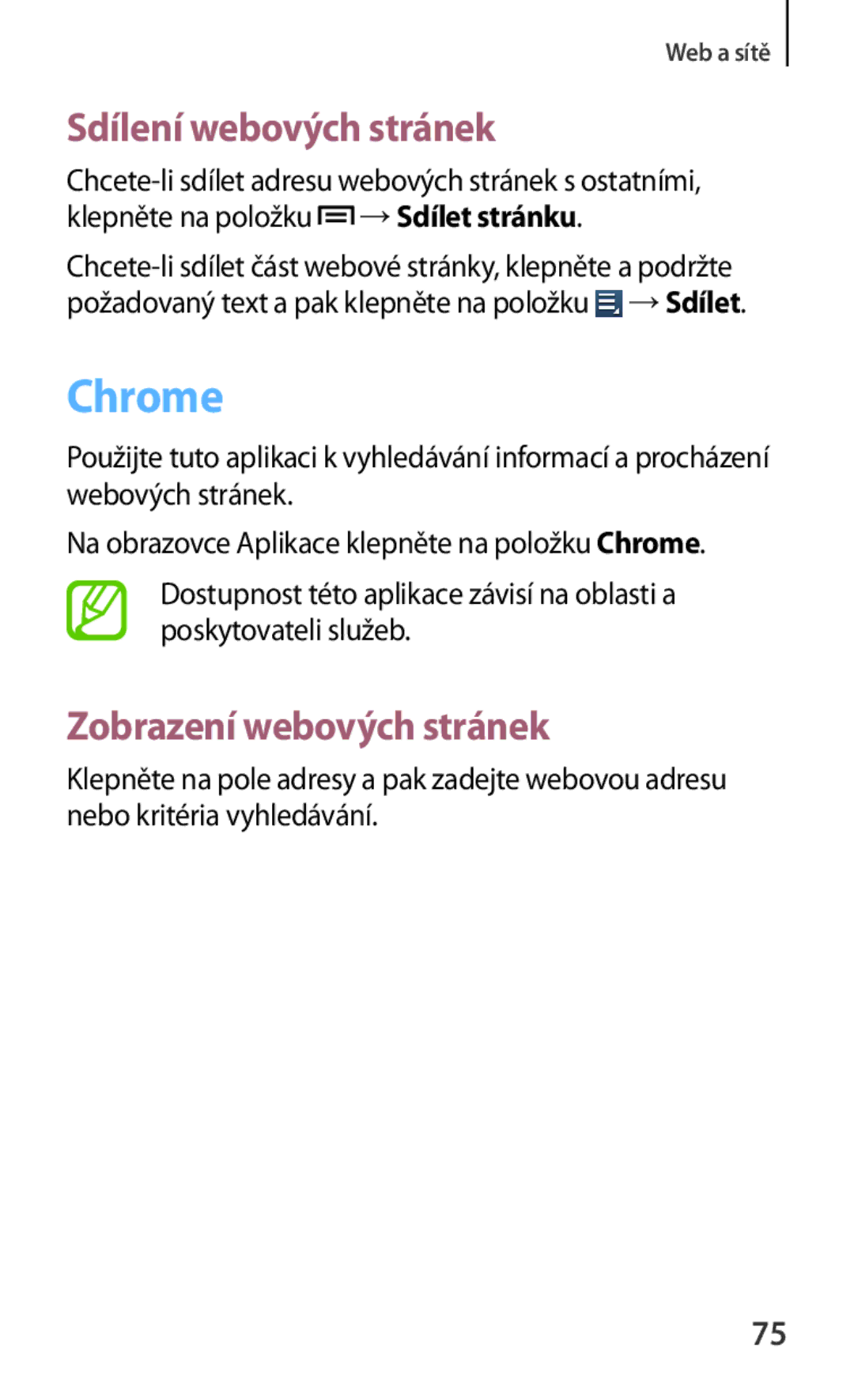 Samsung GT2I8262MBAORX, GT-I8262CWAVVT, GT-I8262MBAMTL, GT-I8262MBAVVT, GT-I8262CWABGL manual Chrome, Sdílení webových stránek 