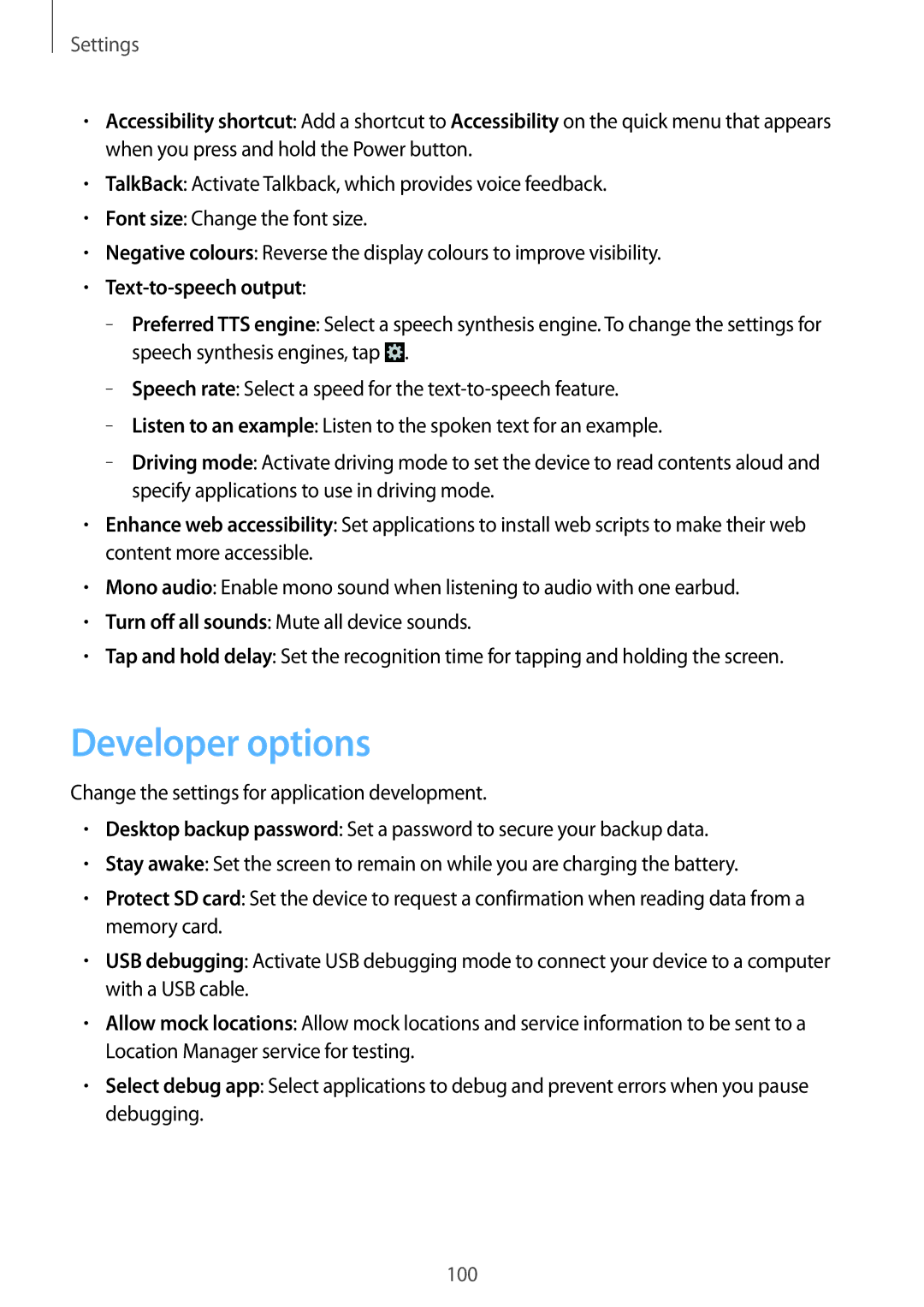 Samsung GT2I8262MBAXEH, GT-I8262CWAXEF, GT-I8262MBAXEF, GT-I8262MBAKSA manual Developer options, Text-to-speech output 