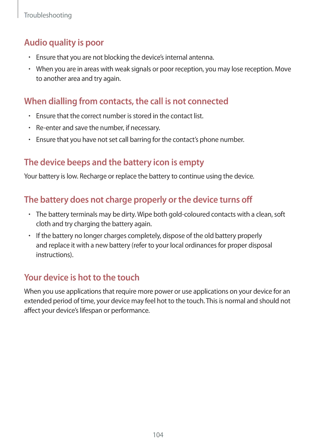 Samsung GT-I8262WRZSER, GT-I8262CWAXEF, GT-I8262MBAXEF, GT-I8262MBAKSA manual Device beeps and the battery icon is empty 