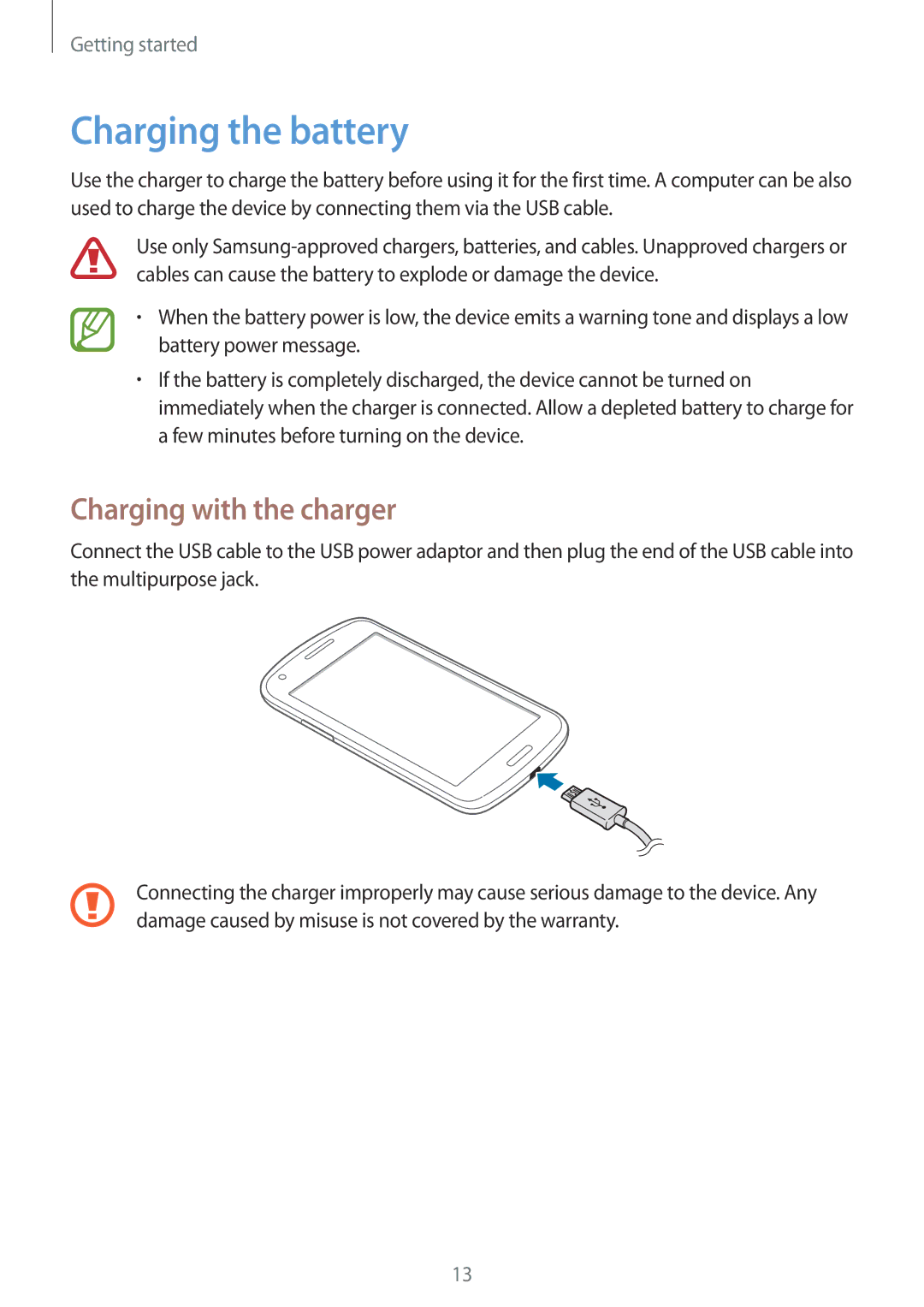 Samsung GT-I8262MBAVVT, GT-I8262CWAXEF, GT-I8262MBAXEF, GT-I8262MBAKSA manual Charging the battery, Charging with the charger 