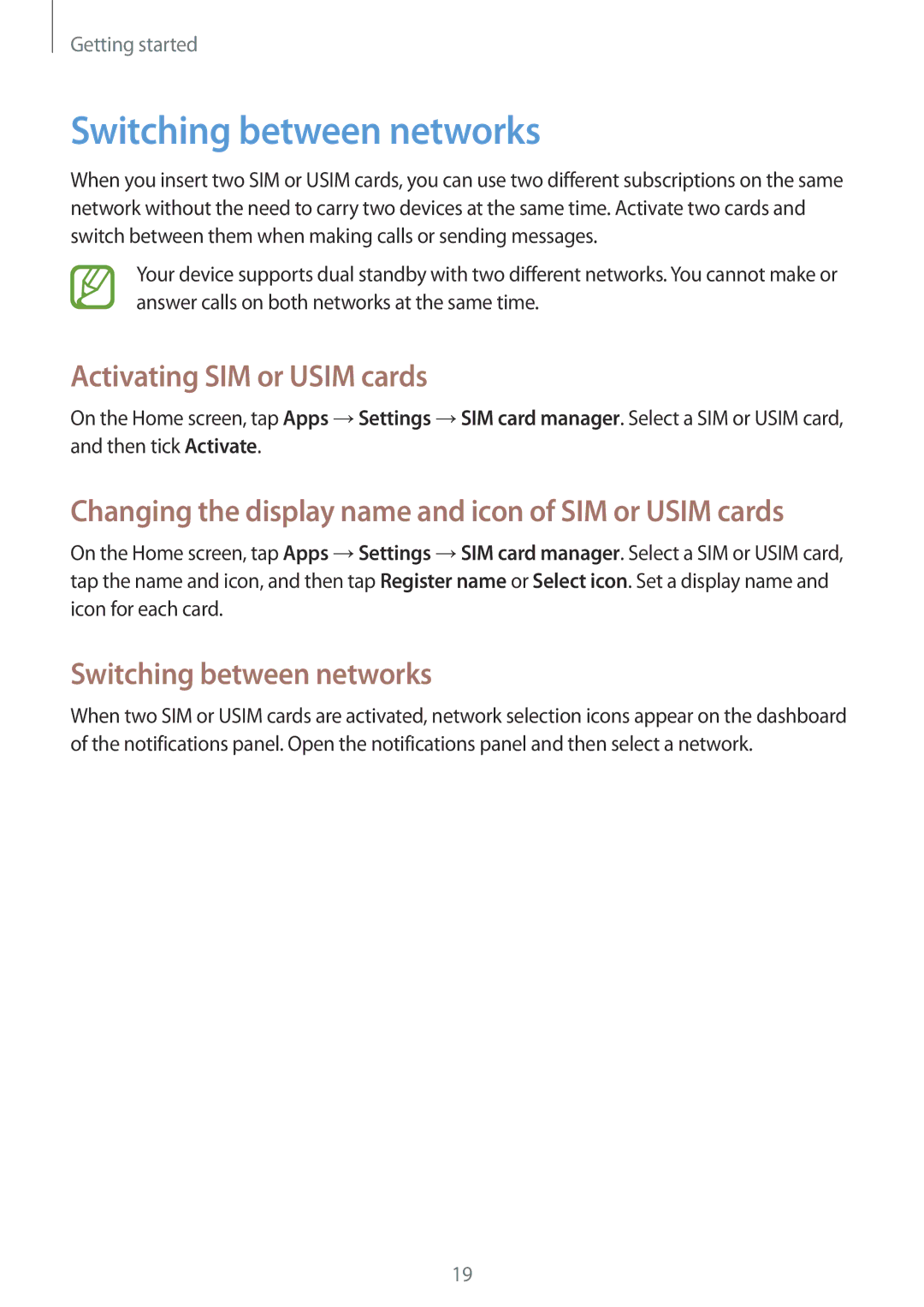 Samsung GT-I8262MBATRA, GT-I8262CWAXEF, GT-I8262MBAXEF manual Switching between networks, Activating SIM or Usim cards 