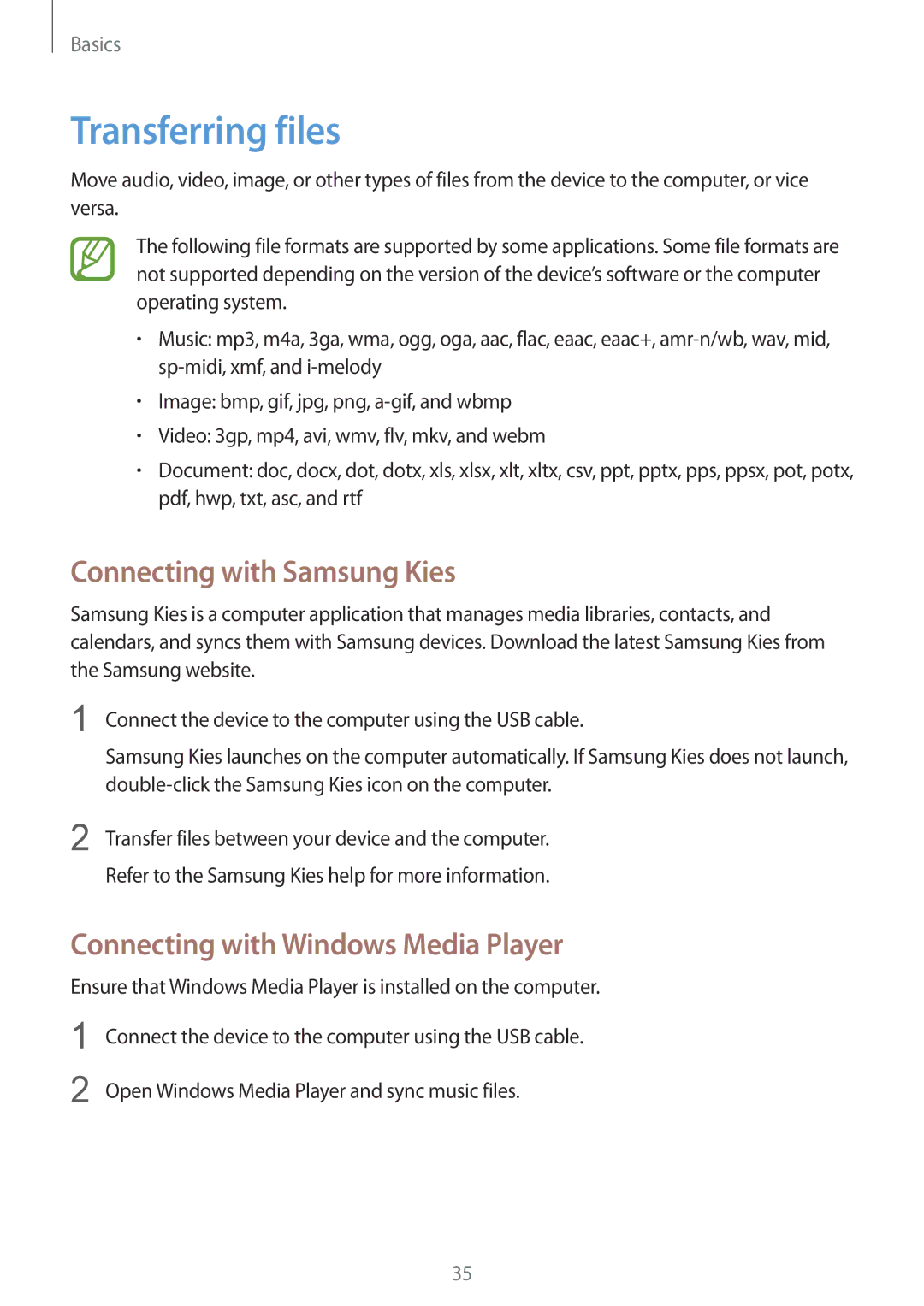 Samsung GT-I8262CWAXEF manual Transferring files, Connecting with Samsung Kies, Connecting with Windows Media Player 