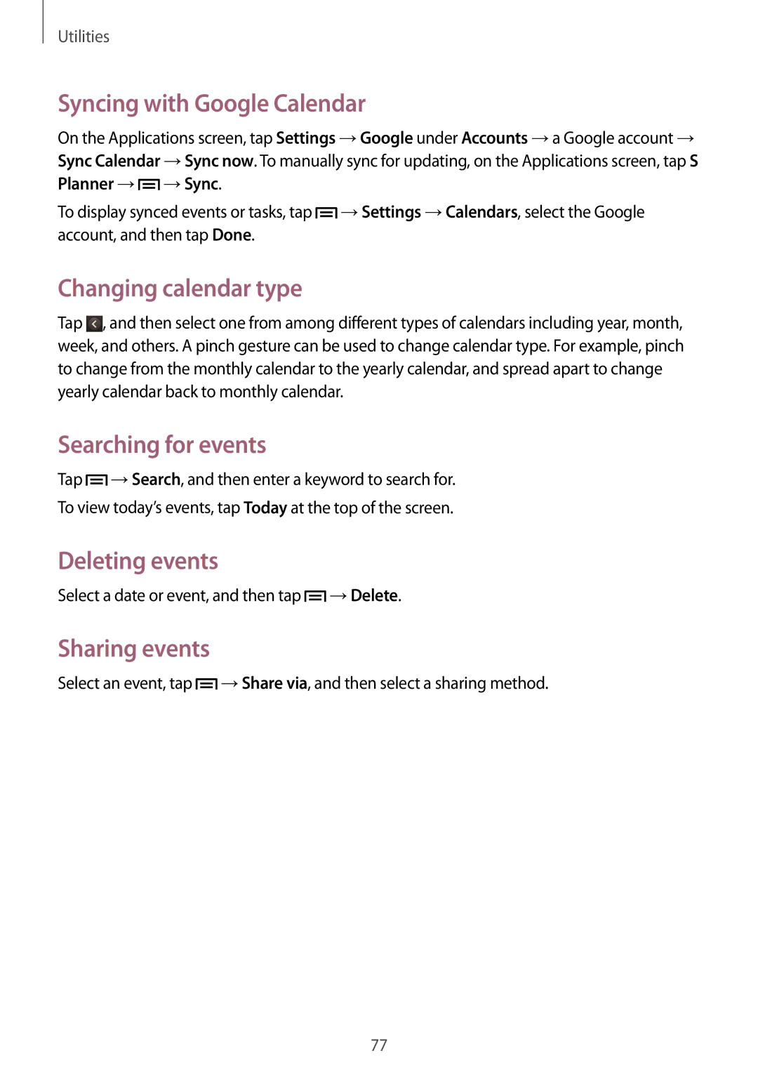 Samsung GT-I8262CWAVVT manual Syncing with Google Calendar, Changing calendar type, Searching for events, Deleting events 