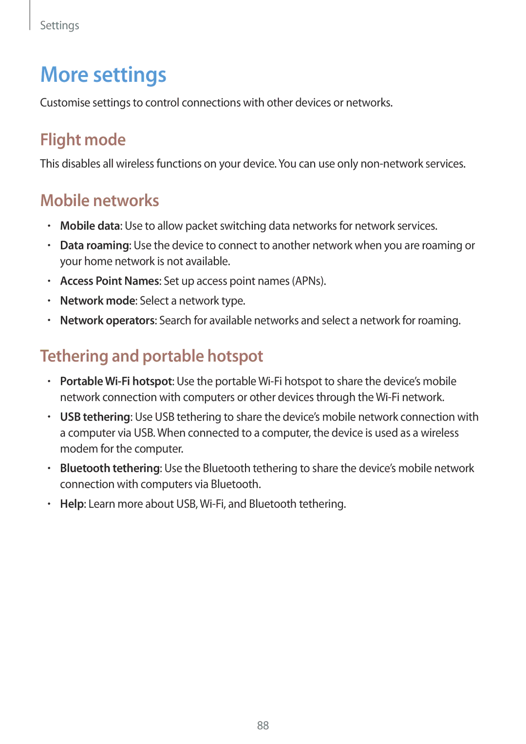 Samsung GT2I8262CWATRA, GT-I8262CWAXEF manual More settings, Flight mode, Mobile networks, Tethering and portable hotspot 