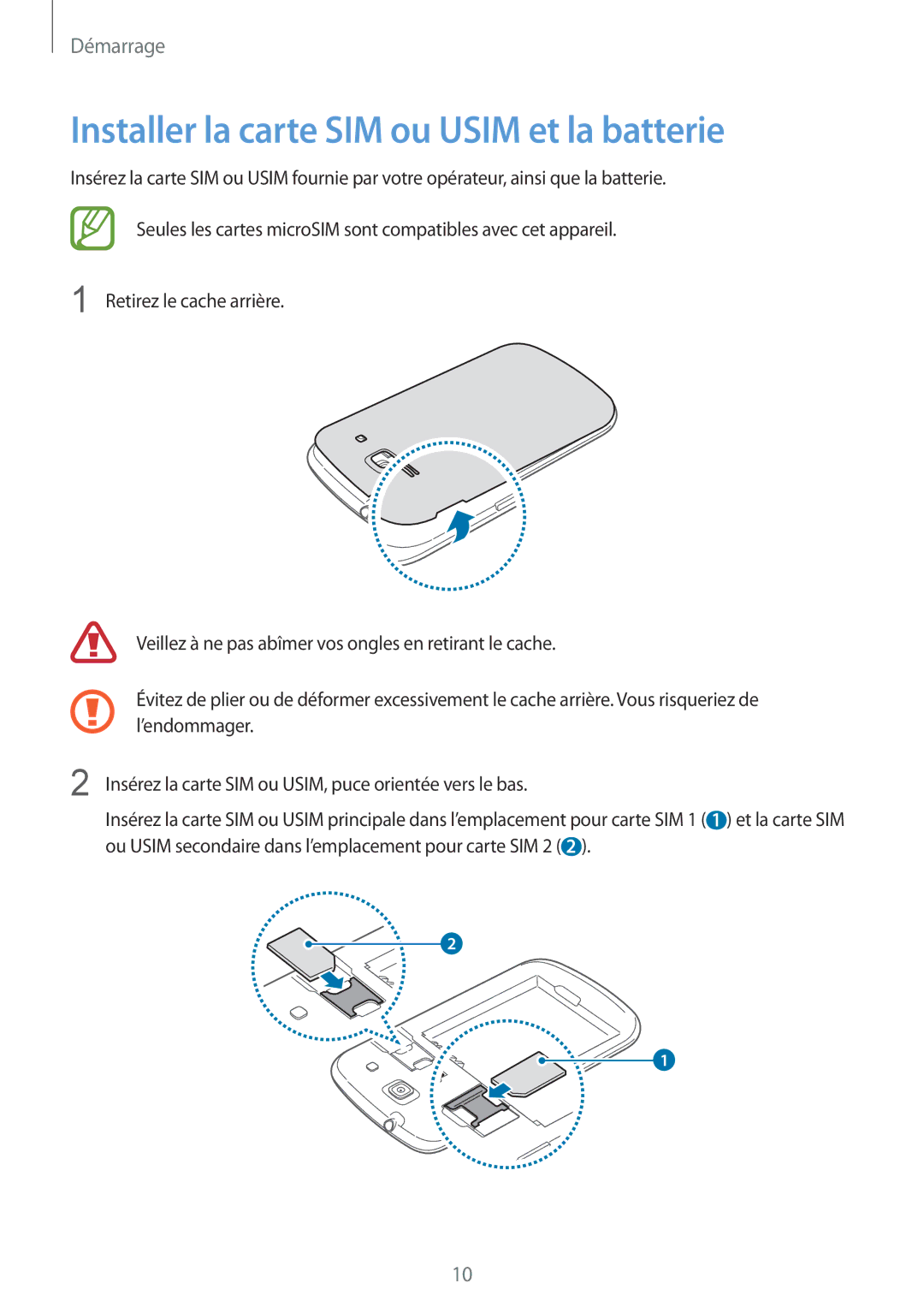 Samsung GT-I8262CWAXEF, GT-I8262MBAXEF manual Installer la carte SIM ou Usim et la batterie 