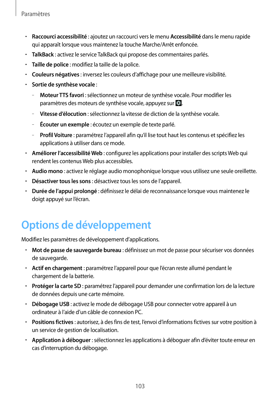 Samsung GT-I8262MBAXEF, GT-I8262CWAXEF manual Options de développement, Sortie de synthèse vocale 