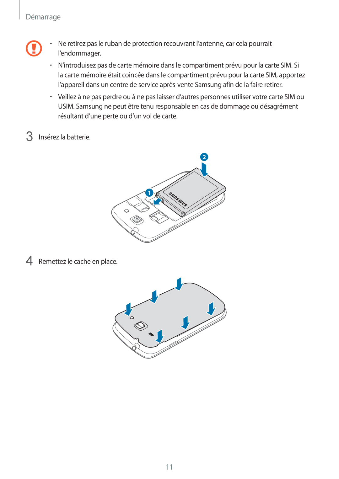 Samsung GT-I8262MBAXEF, GT-I8262CWAXEF manual Démarrage 