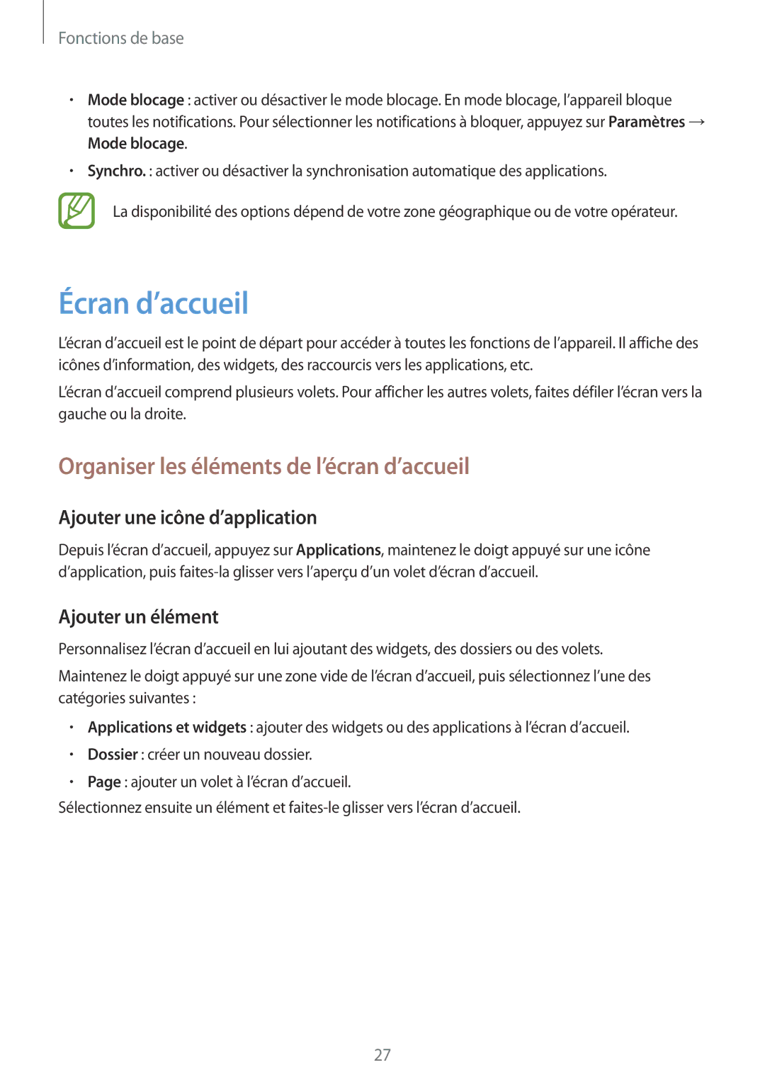 Samsung GT-I8262MBAXEF manual Écran d’accueil, Organiser les éléments de l’écran d’accueil, Ajouter une icône d’application 