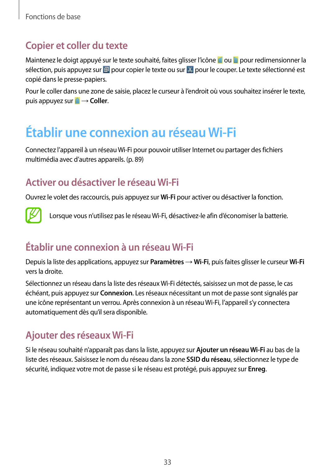 Samsung GT-I8262MBAXEF manual Établir une connexion au réseau Wi-Fi, Copier et coller du texte, Ajouter des réseaux Wi-Fi 