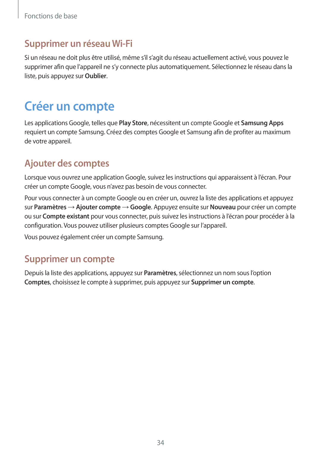 Samsung GT-I8262CWAXEF manual Créer un compte, Supprimer un réseau Wi-Fi, Ajouter des comptes, Supprimer un compte 