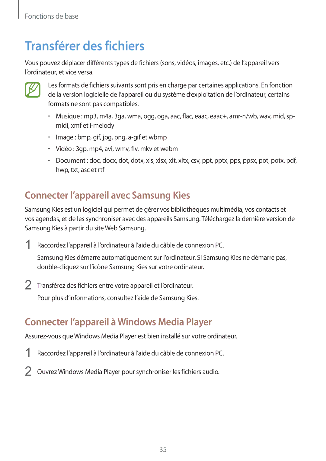 Samsung GT-I8262MBAXEF, GT-I8262CWAXEF manual Transférer des fichiers, Connecter l’appareil avec Samsung Kies 