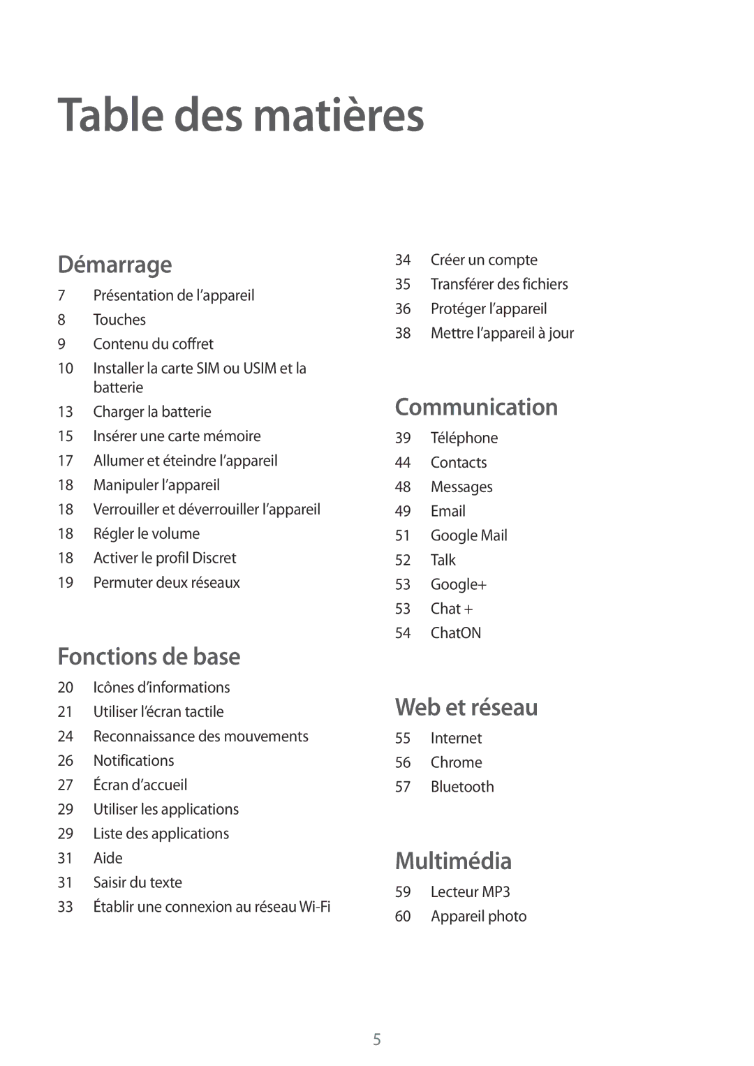 Samsung GT-I8262MBAXEF, GT-I8262CWAXEF manual Table des matières, Démarrage 