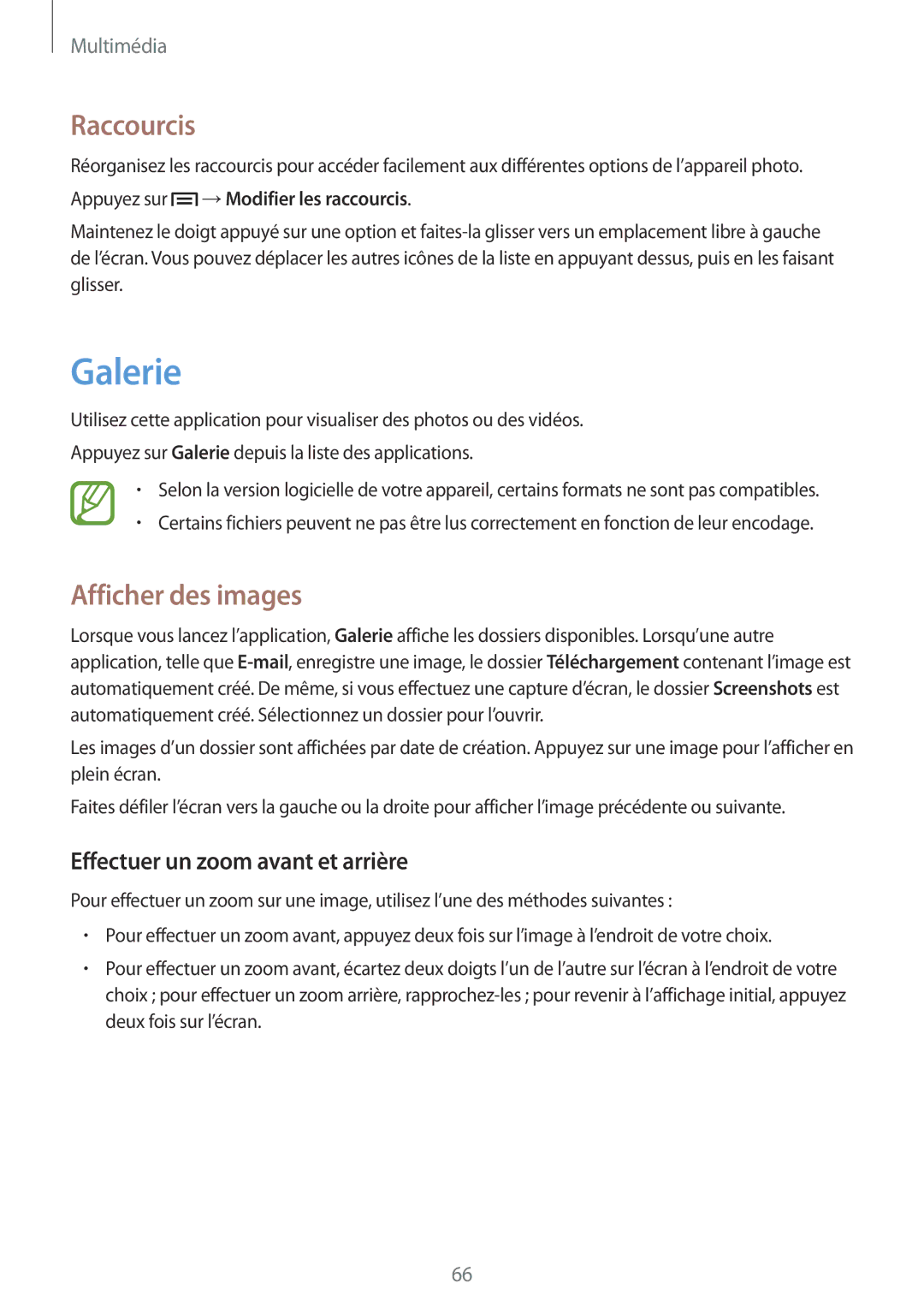 Samsung GT-I8262CWAXEF, GT-I8262MBAXEF manual Galerie, Raccourcis, Afficher des images, Effectuer un zoom avant et arrière 