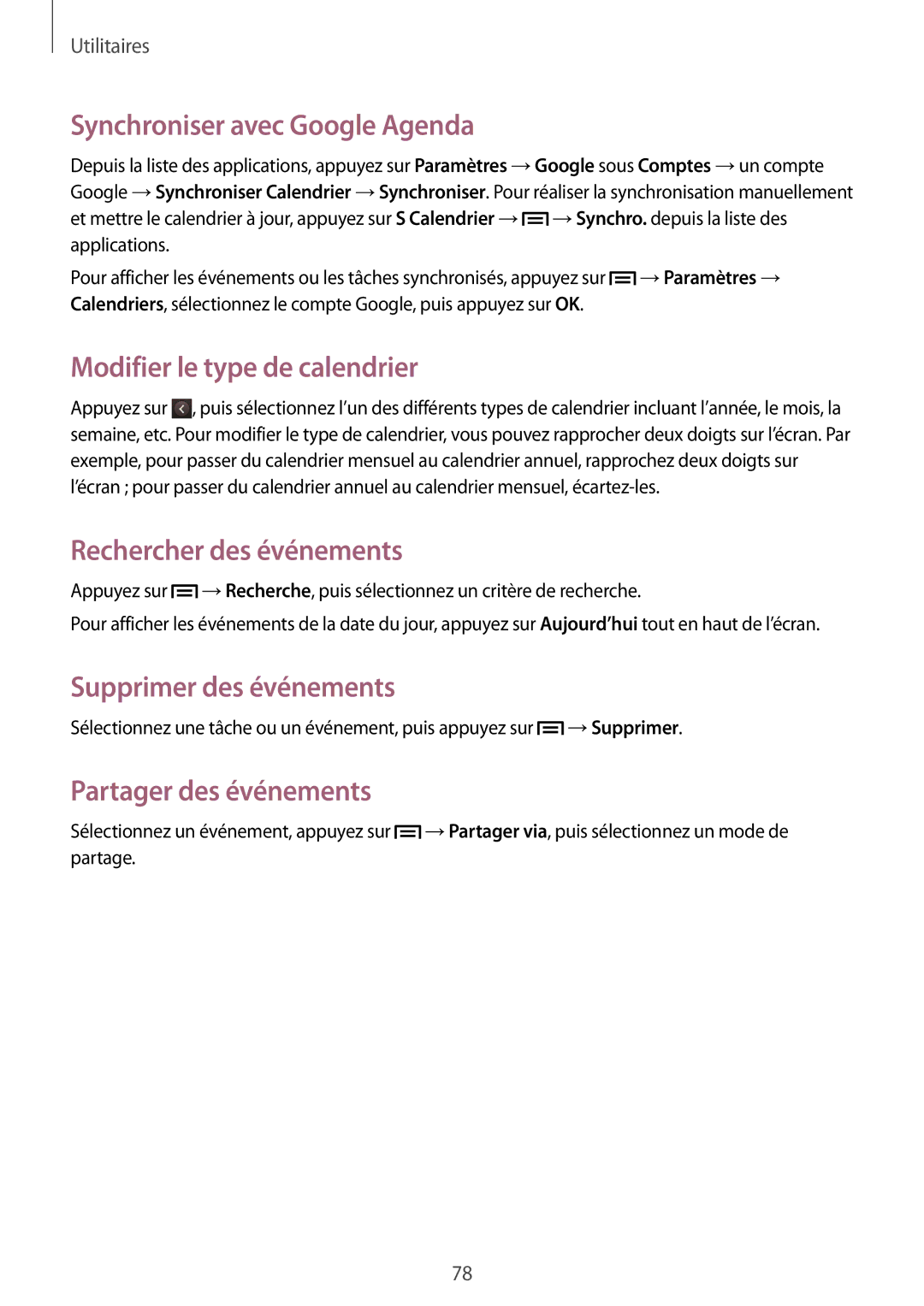 Samsung GT-I8262CWAXEF manual Synchroniser avec Google Agenda, Modifier le type de calendrier, Rechercher des événements 