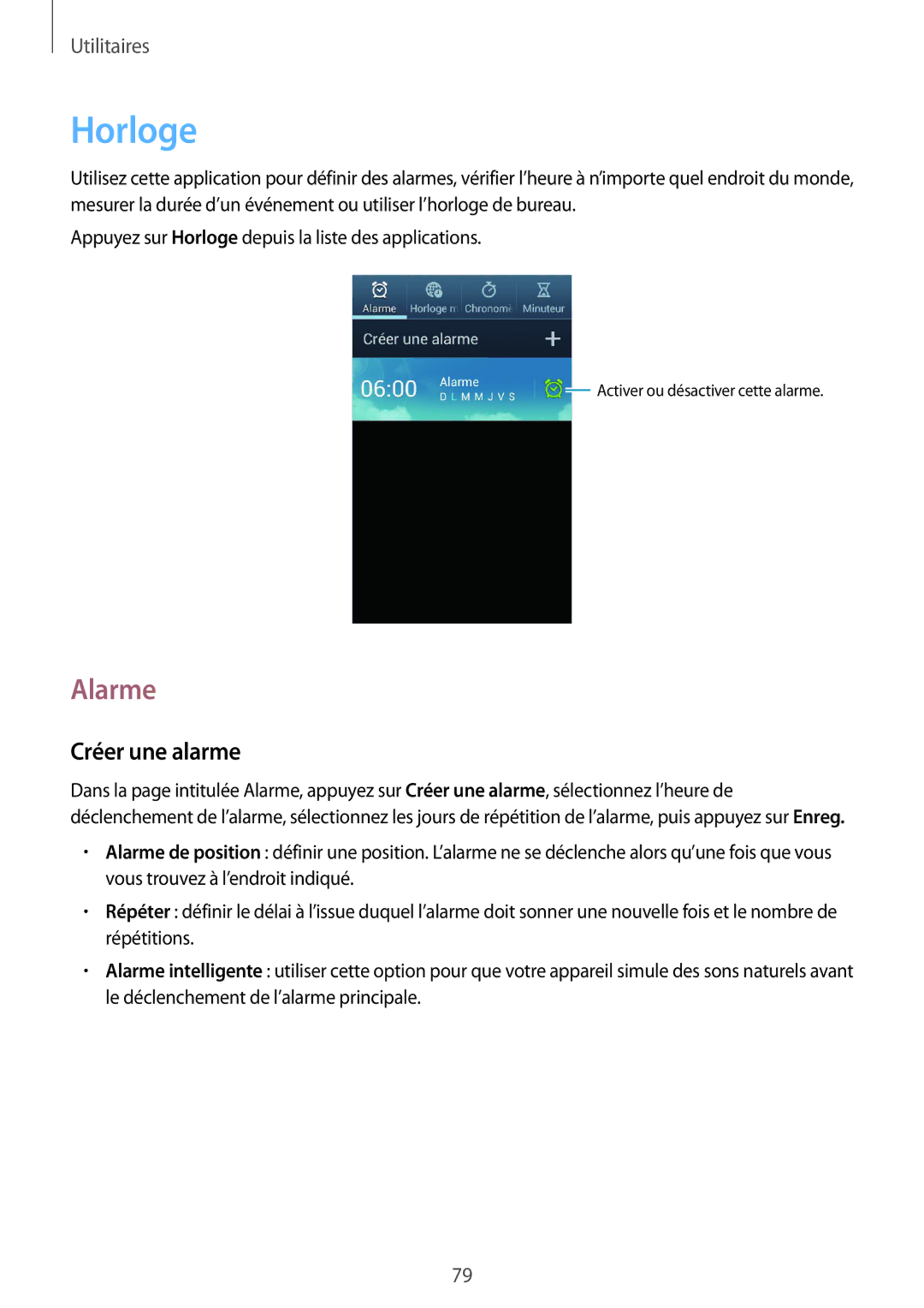 Samsung GT-I8262MBAXEF, GT-I8262CWAXEF manual Horloge, Alarme, Créer une alarme 