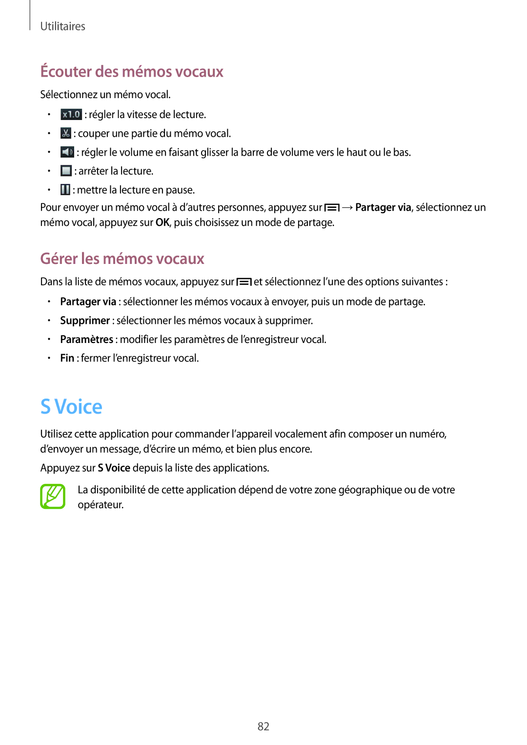 Samsung GT-I8262CWAXEF, GT-I8262MBAXEF manual Voice, Écouter des mémos vocaux, Gérer les mémos vocaux 