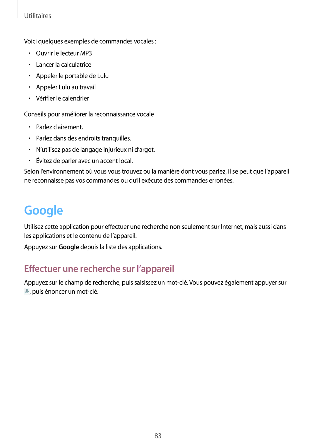 Samsung GT-I8262MBAXEF, GT-I8262CWAXEF manual Google, Effectuer une recherche sur l’appareil 