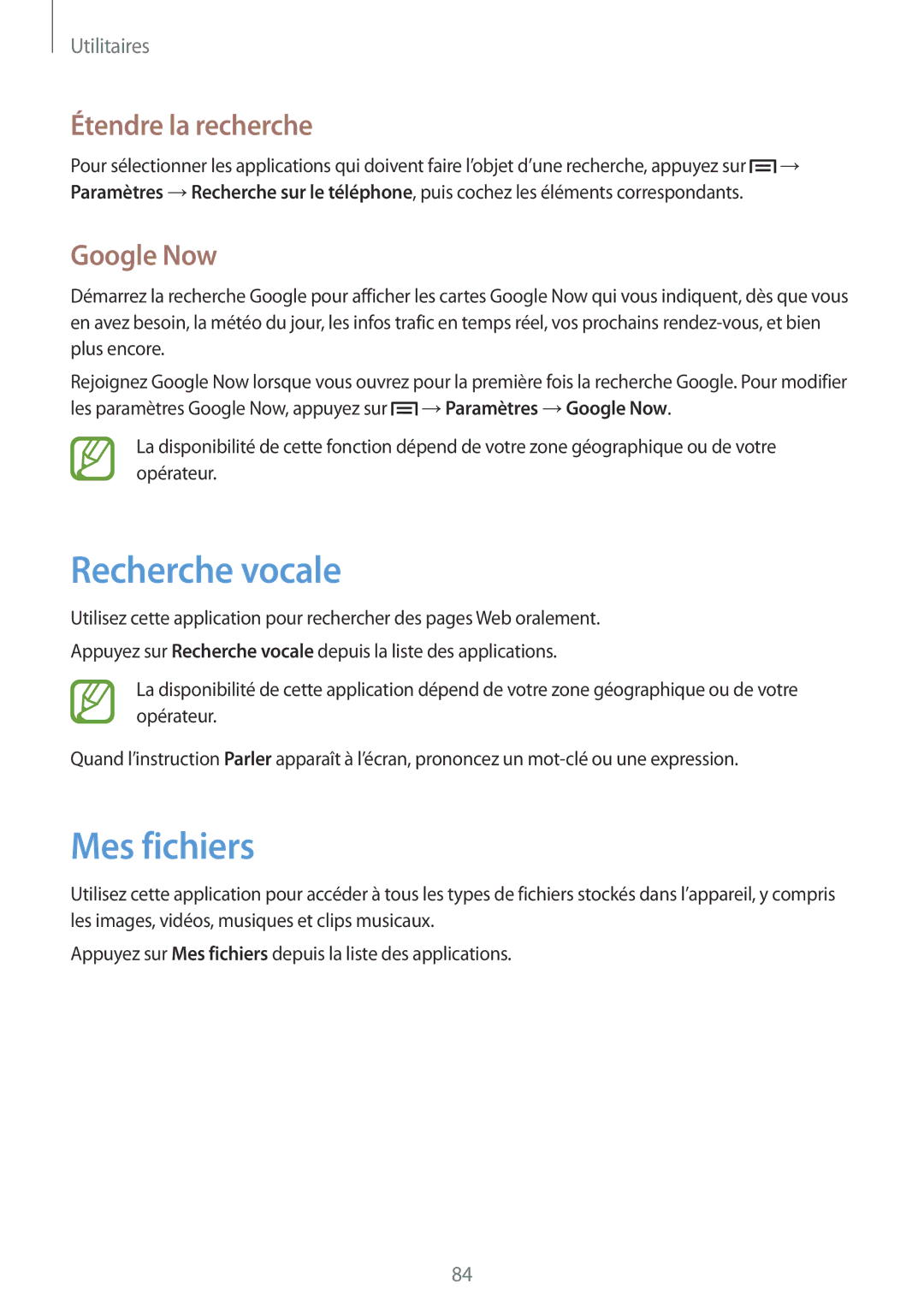 Samsung GT-I8262CWAXEF, GT-I8262MBAXEF manual Recherche vocale, Mes fichiers, Étendre la recherche, Google Now 
