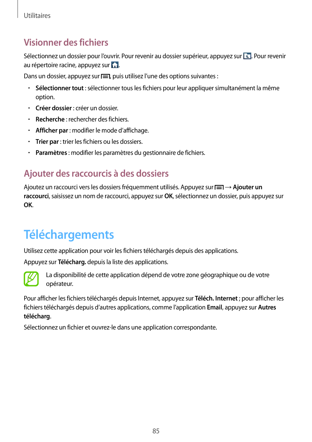 Samsung GT-I8262MBAXEF, GT-I8262CWAXEF manual Téléchargements, Visionner des fichiers, Ajouter des raccourcis à des dossiers 