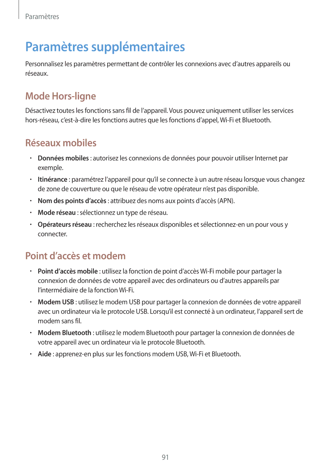 Samsung GT-I8262MBAXEF manual Paramètres supplémentaires, Mode Hors-ligne, Réseaux mobiles, Point d’accès et modem 