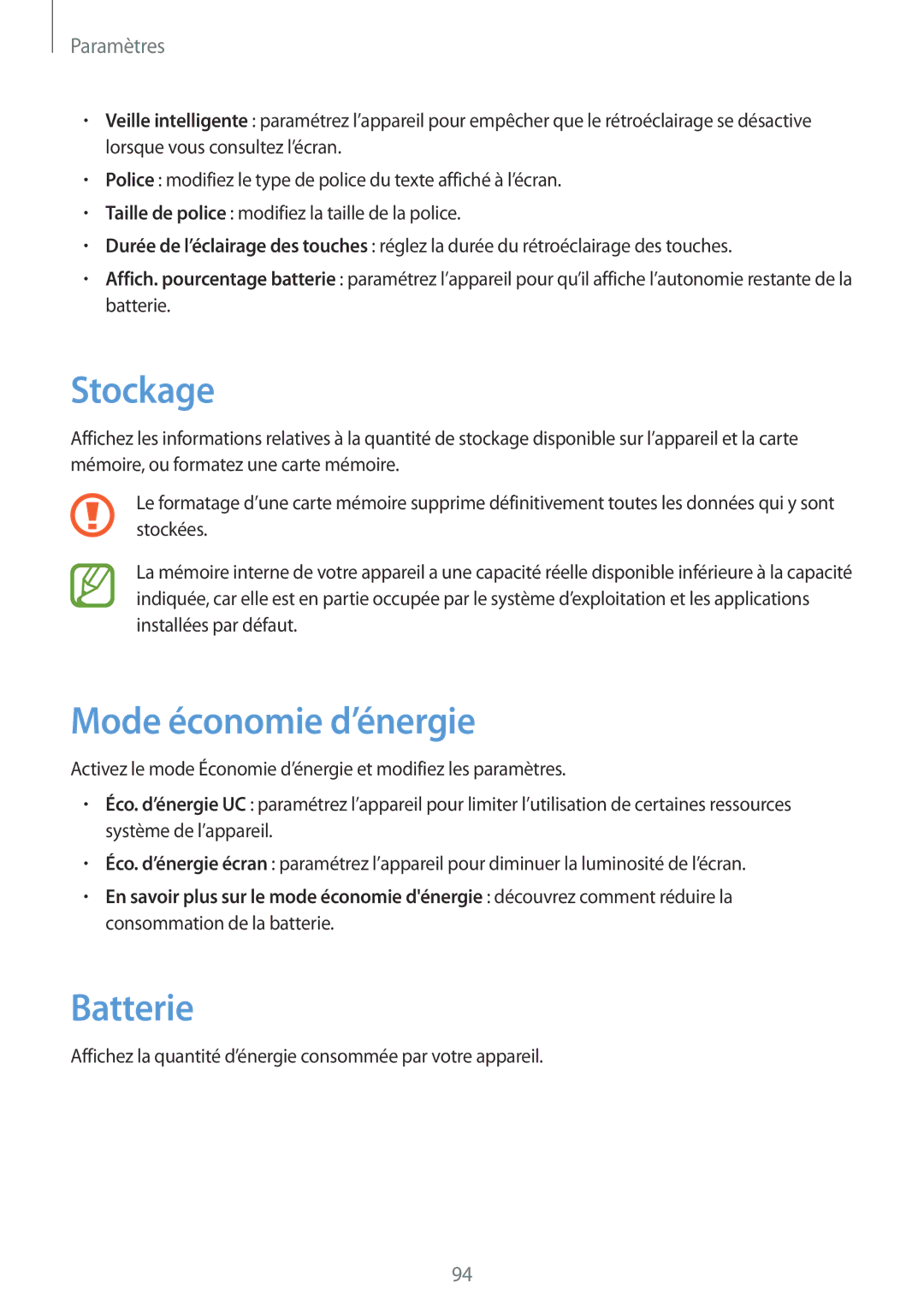 Samsung GT-I8262CWAXEF, GT-I8262MBAXEF manual Stockage, Mode économie d’énergie, Batterie 