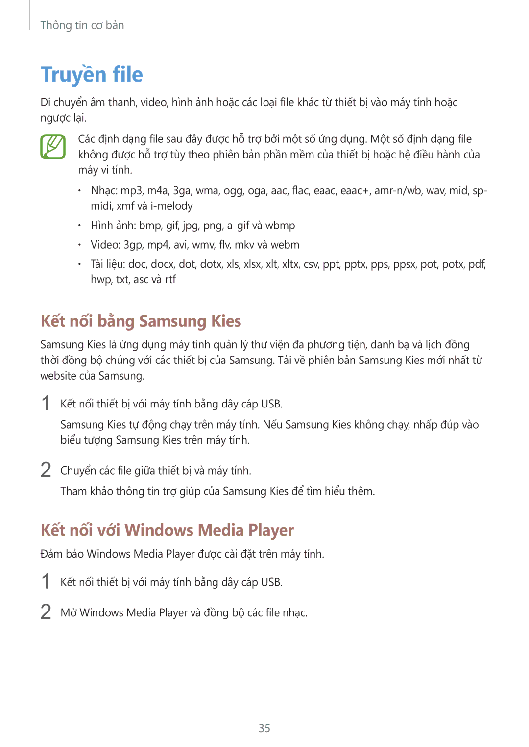 Samsung GT-I8262MBAXXV, GT-I8262CWAXXV manual Truyền file, Kết nối bằng Samsung Kies, Kết nối với Windows Media Player 