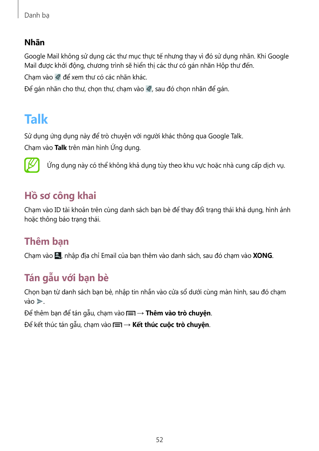 Samsung GT-I8262CWAXXV, GT-I8262MBAXXV manual Talk, Hồ sơ công khai, Thêm bạn, Tán gẫu với bạn bè, Nhãn 
