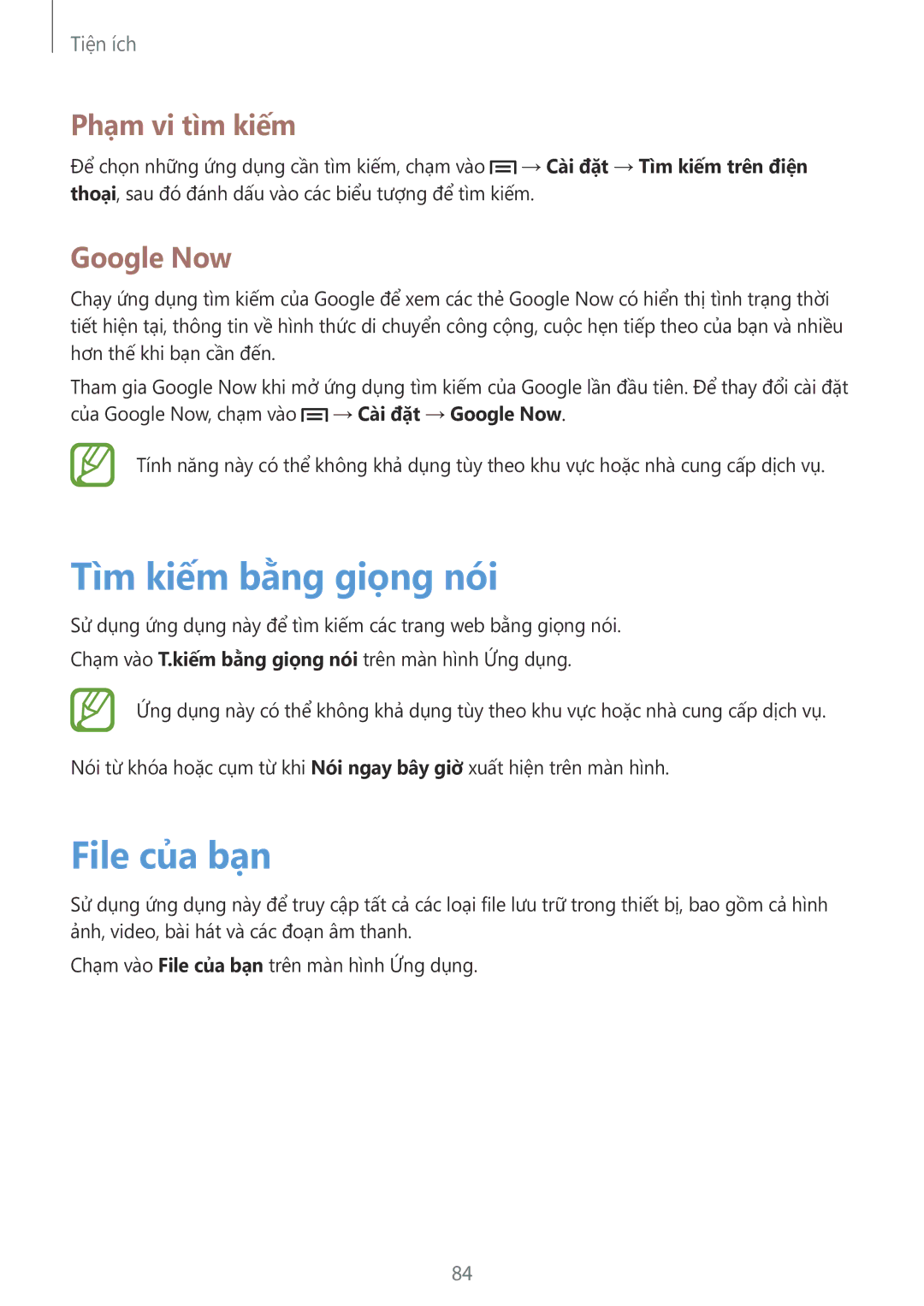 Samsung GT-I8262CWAXXV, GT-I8262MBAXXV manual Tìm kiếm bằng giọng nói, File của bạn, Phạm vi tìm kiếm, Google Now 