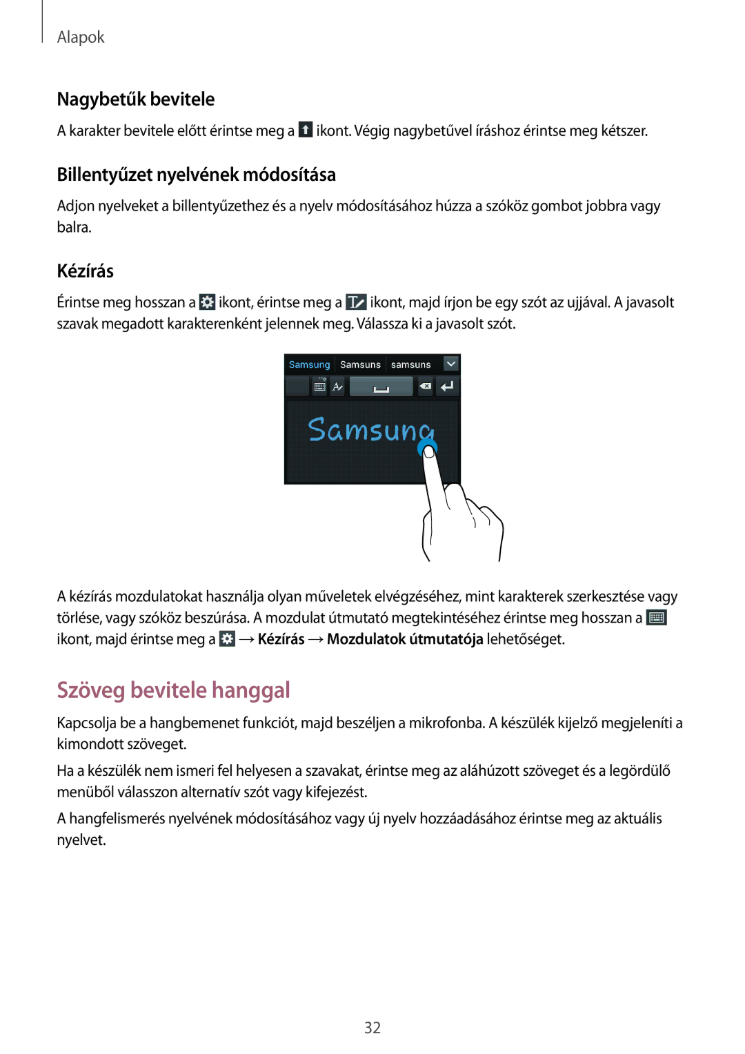 Samsung GT-I8262MBAXEH manual Szöveg bevitele hanggal, Nagybetűk bevitele, Billentyűzet nyelvének módosítása, Kézírás 