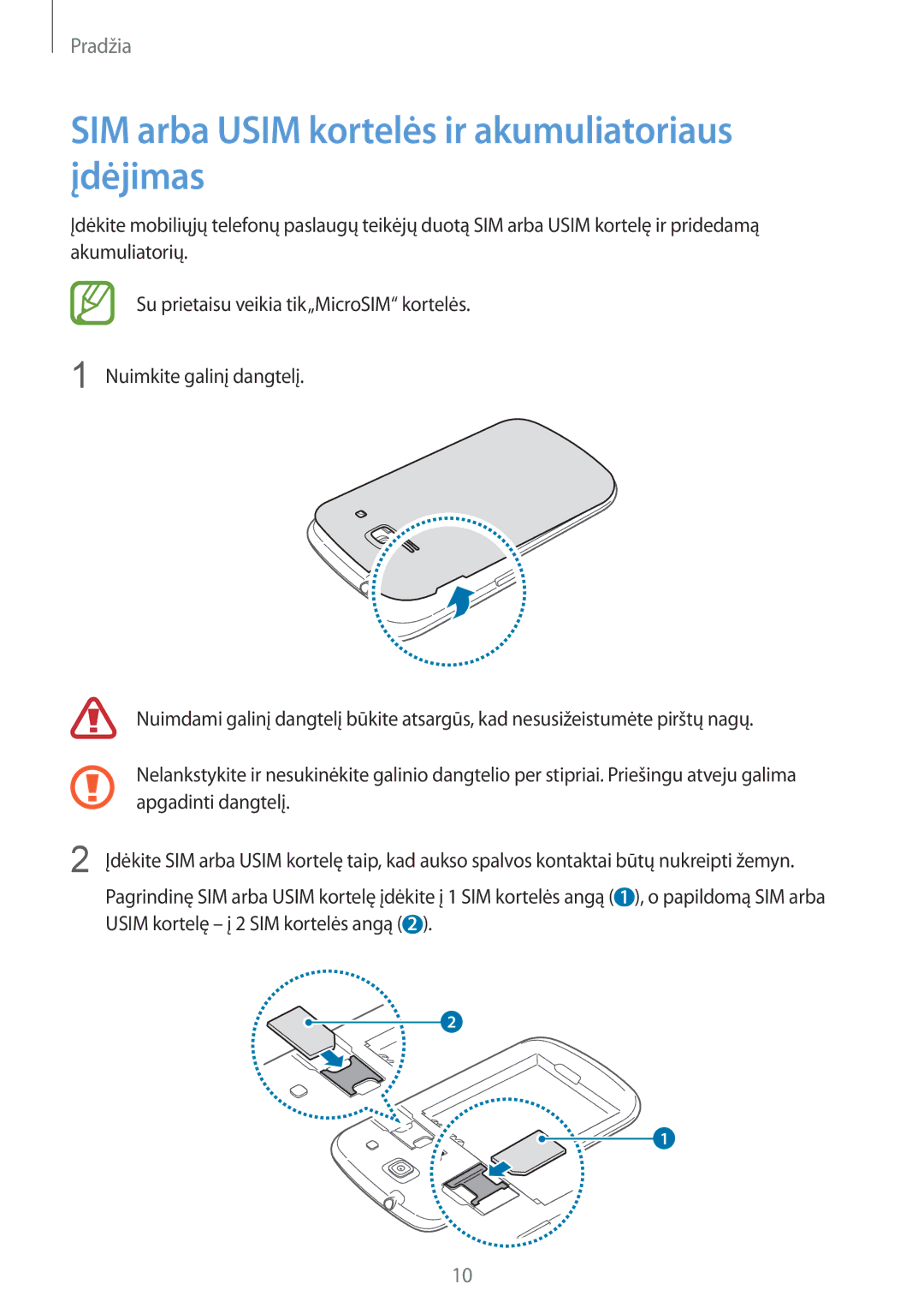 Samsung GT-I8262WRZSEB manual SIM arba Usim kortelės ir akumuliatoriaus įdėjimas 