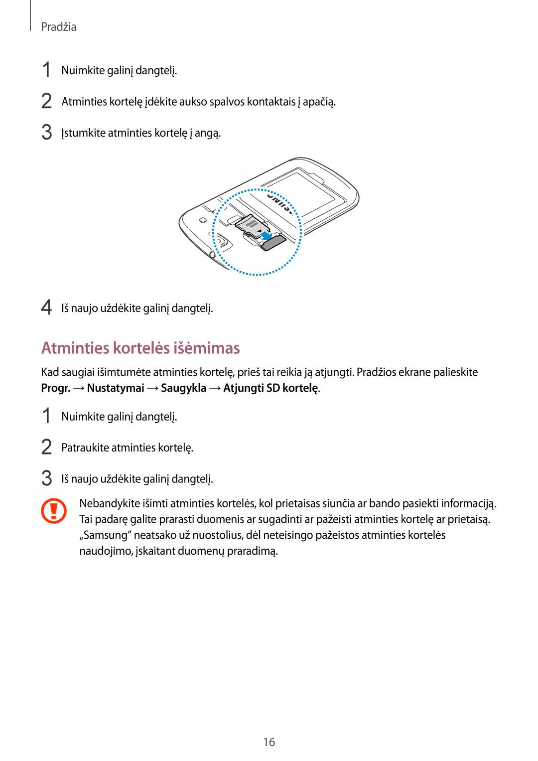 Samsung GT-I8262WRZSEB manual Atminties kortelės išėmimas 