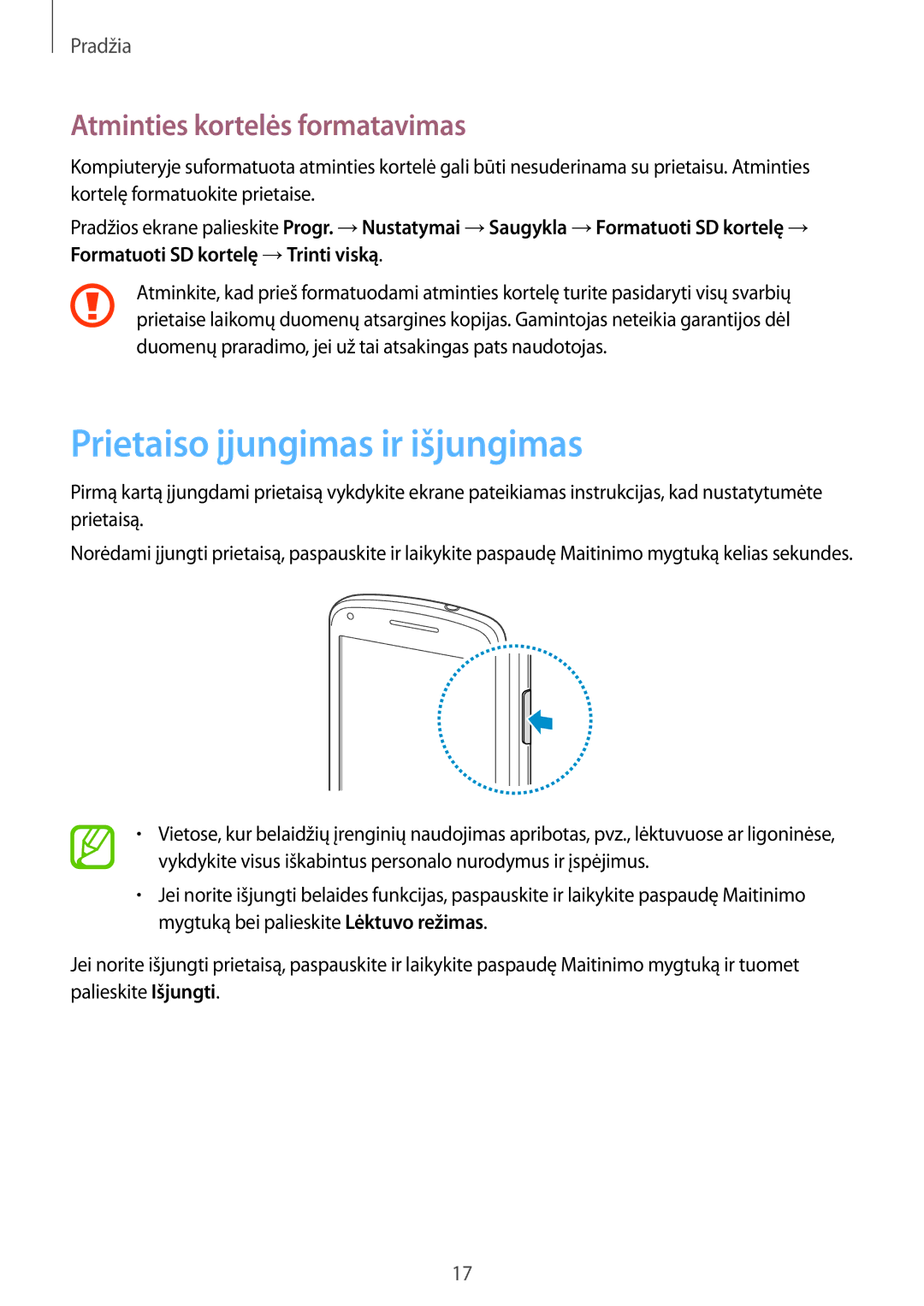 Samsung GT-I8262WRZSEB manual Prietaiso įjungimas ir išjungimas, Atminties kortelės formatavimas 