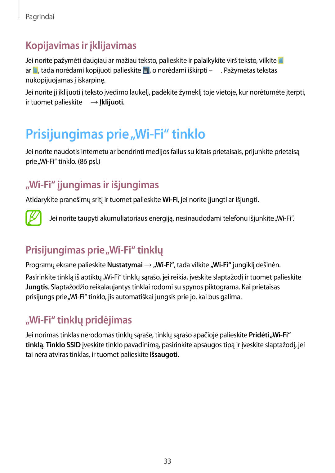 Samsung GT-I8262WRZSEB manual Prisijungimas prie„Wi-Fi tinklo, Kopijavimas ir įklijavimas, „Wi-Fi įjungimas ir išjungimas 