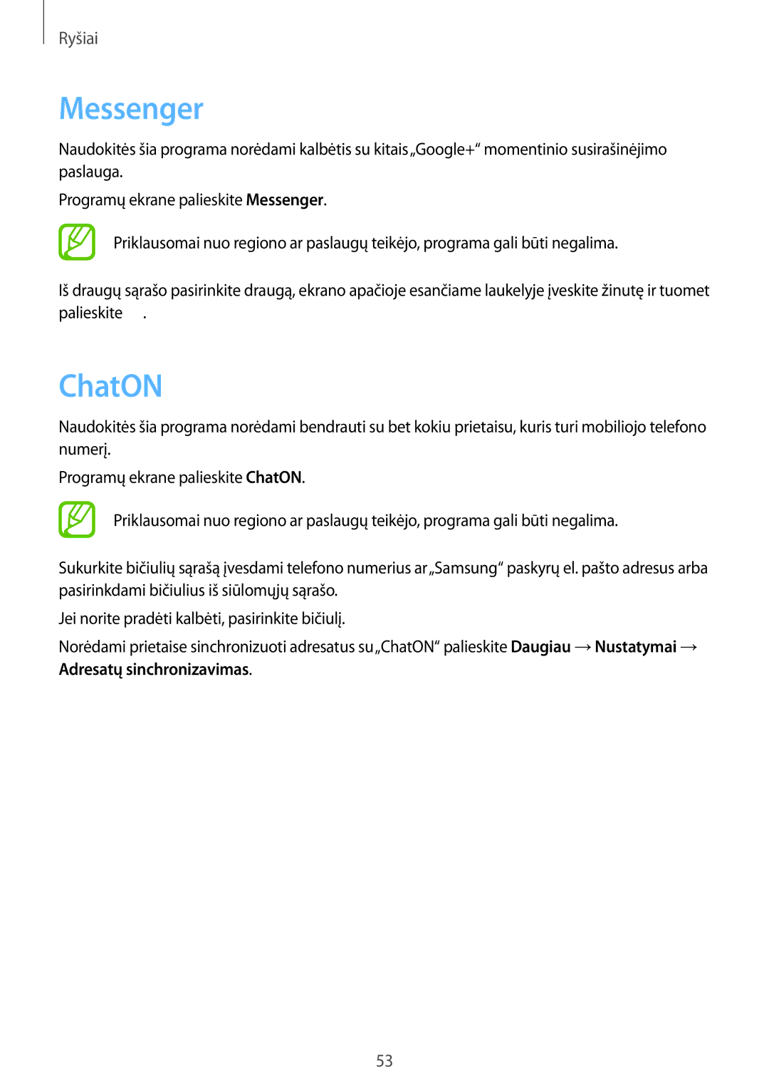 Samsung GT-I8262WRZSEB manual Messenger, ChatON, Adresatų sinchronizavimas 