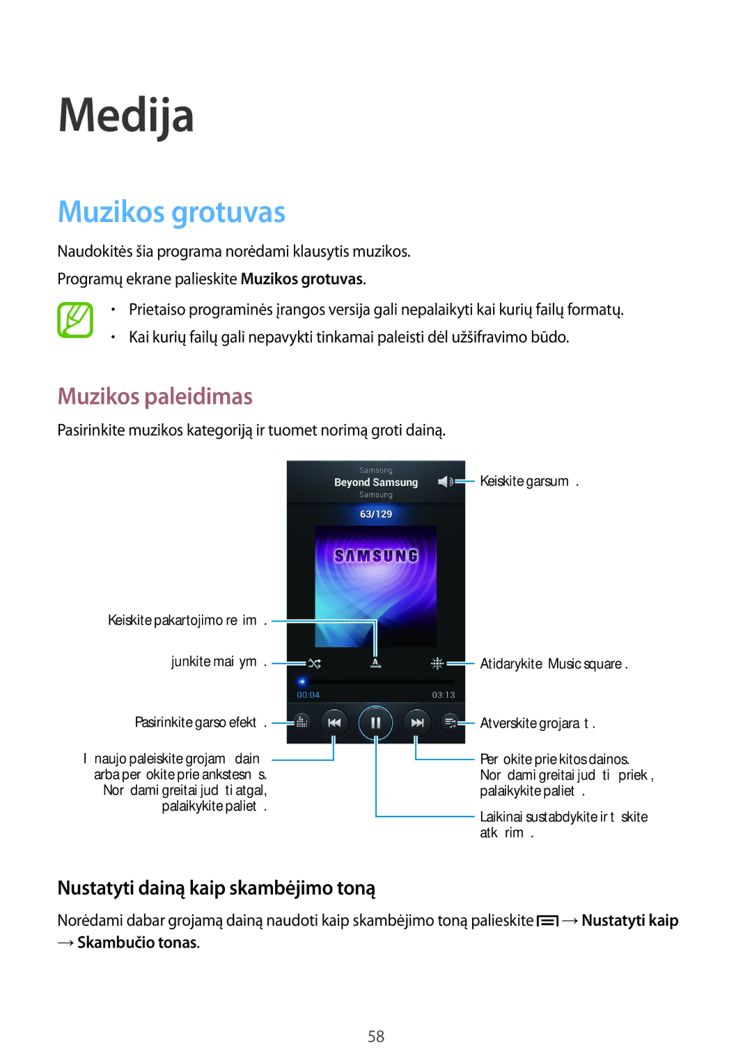 Samsung GT-I8262WRZSEB manual Medija, Muzikos grotuvas, Muzikos paleidimas, Nustatyti dainą kaip skambėjimo toną 