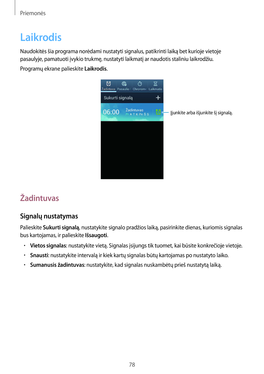 Samsung GT-I8262WRZSEB manual Laikrodis, Žadintuvas, Signalų nustatymas 