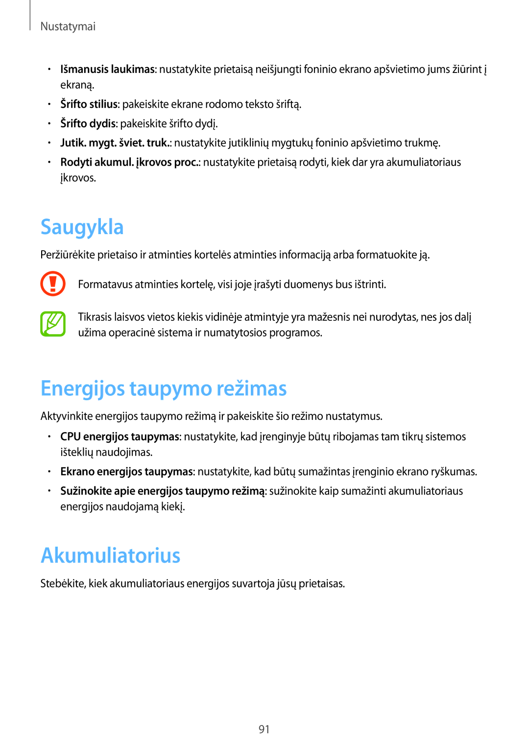 Samsung GT-I8262WRZSEB manual Saugykla, Energijos taupymo režimas, Akumuliatorius 