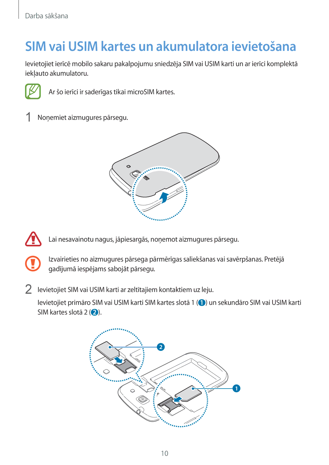 Samsung GT-I8262WRZSEB manual SIM vai Usim kartes un akumulatora ievietošana 