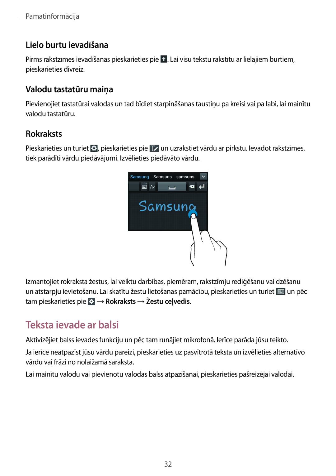 Samsung GT-I8262WRZSEB manual Teksta ievade ar balsi, Lielo burtu ievadīšana, Valodu tastatūru maiņa, Rokraksts 