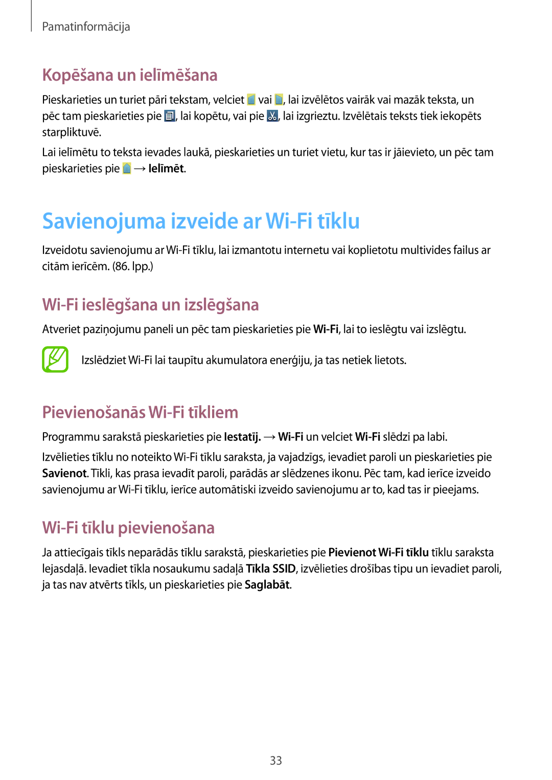 Samsung GT-I8262WRZSEB manual Savienojuma izveide ar Wi-Fi tīklu, Kopēšana un ielīmēšana, Wi-Fi ieslēgšana un izslēgšana 