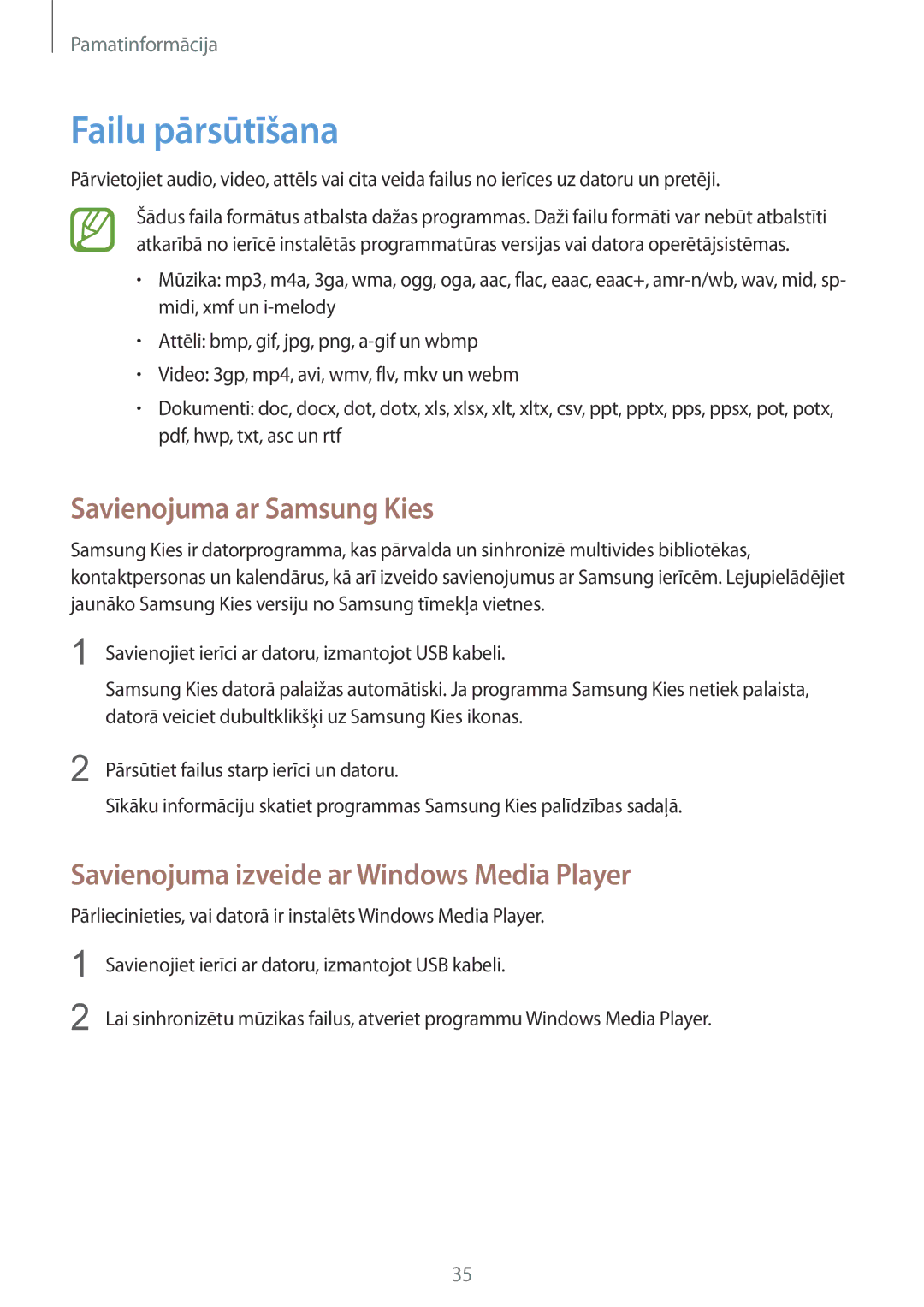 Samsung GT-I8262WRZSEB manual Failu pārsūtīšana, Savienojuma ar Samsung Kies, Savienojuma izveide ar Windows Media Player 