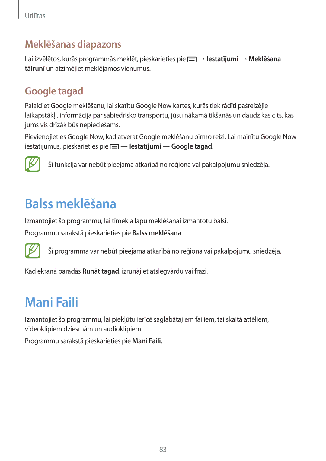 Samsung GT-I8262WRZSEB manual Balss meklēšana, Mani Faili, Meklēšanas diapazons, Google tagad 