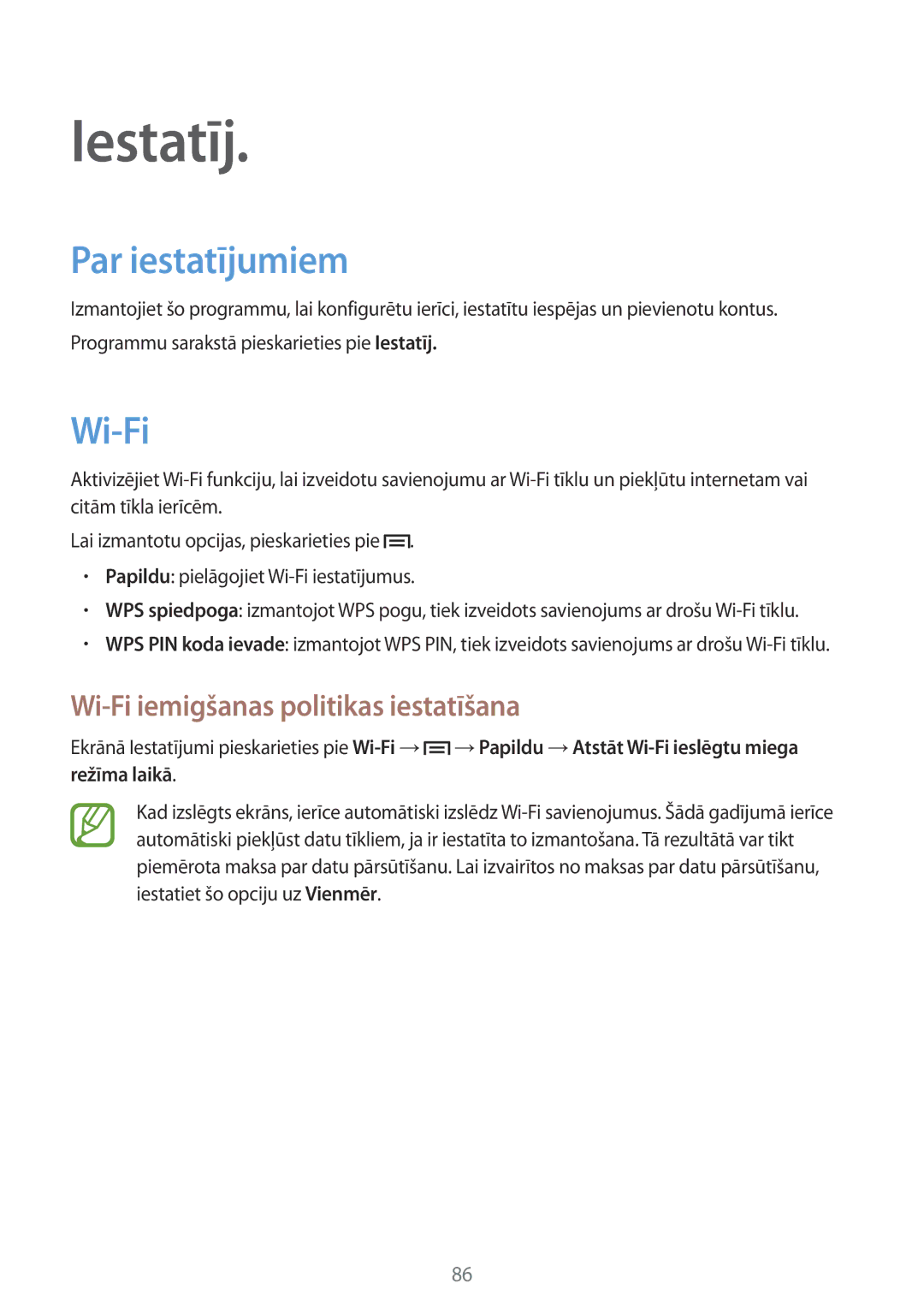 Samsung GT-I8262WRZSEB manual Iestatīj, Par iestatījumiem, Wi-Fi iemigšanas politikas iestatīšana 