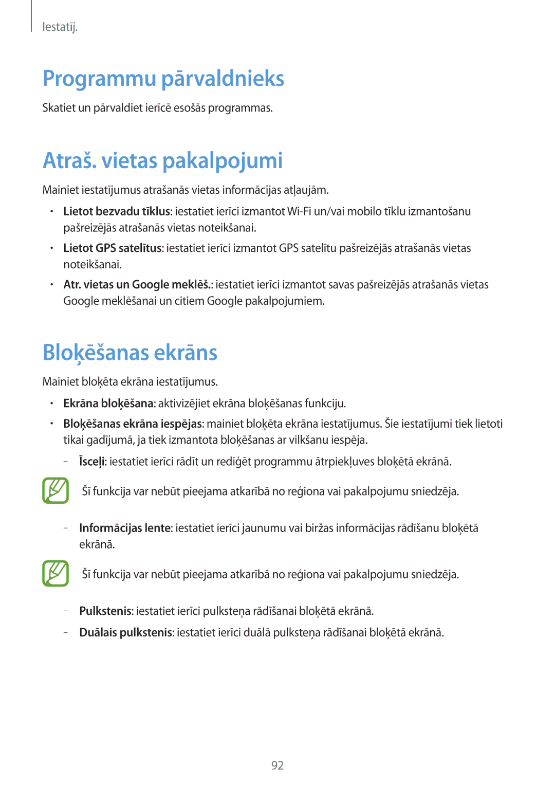 Samsung GT-I8262WRZSEB manual Programmu pārvaldnieks, Atraš. vietas pakalpojumi, Bloķēšanas ekrāns 