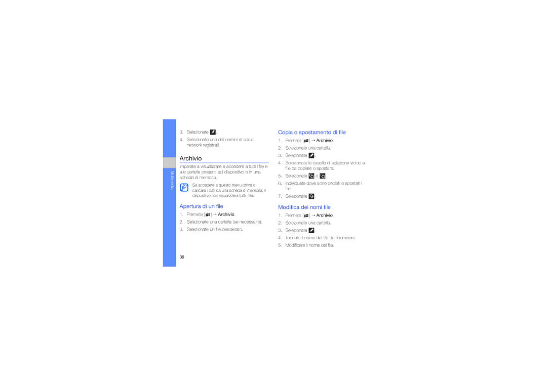 Samsung GT-I8320ISBOMN, GT-I8320PKAOMN Archivio, Apertura di un file, Copia o spostamento di file, Modifica dei nomi file 